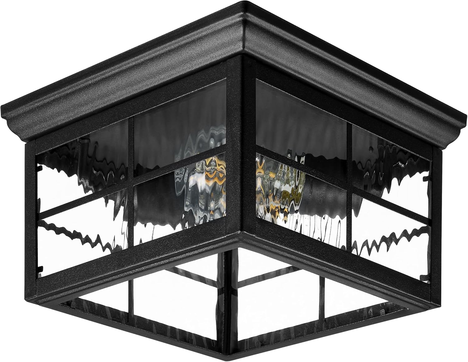 Maxxima Outdoor Flush Mount Ceiling Light Fixture, Black w/Water Glass, 2-Light Square Farmhouse Porch or Patio Light, Close to Ceiling Entryway Outdoor Light, Bulbs Not Included