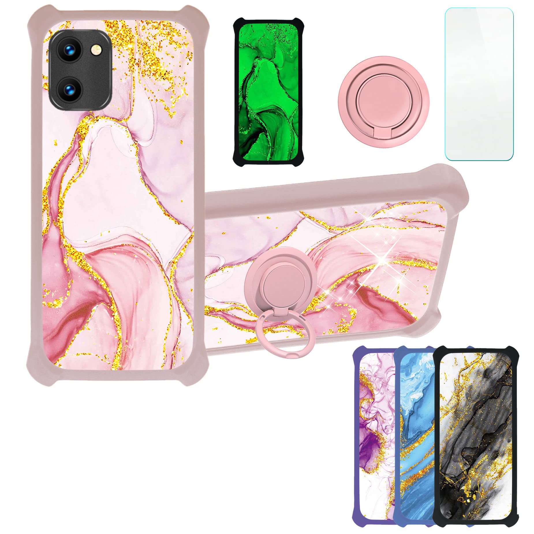 Vortex Z22 Case Compatible with Vortex Z22 Phone Case Cover [with Tempered Glass Screen Protector][Hard PC + Soft Silicone][Ring Support] [Gold Glitter+Luminous] JSF-FDL