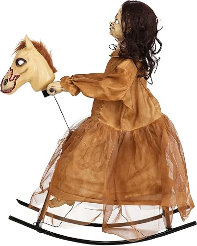 Miniatura 4 de Fun Costumes Muñeca animatrónica embrujada de 3.5 pies, muñecas espeluznantes, decoraciones de Halloween, caballo mecedor de aspecto antiguo, ojos