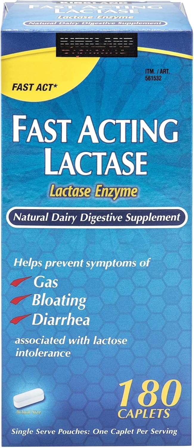 Fast Acting Lactase - Lactose Intolerance Relief, Dairy Digestive Supplement for Gas and Bloating Prevention, Single Serve Pouches, 9000 FCC Units - 180 Caplets