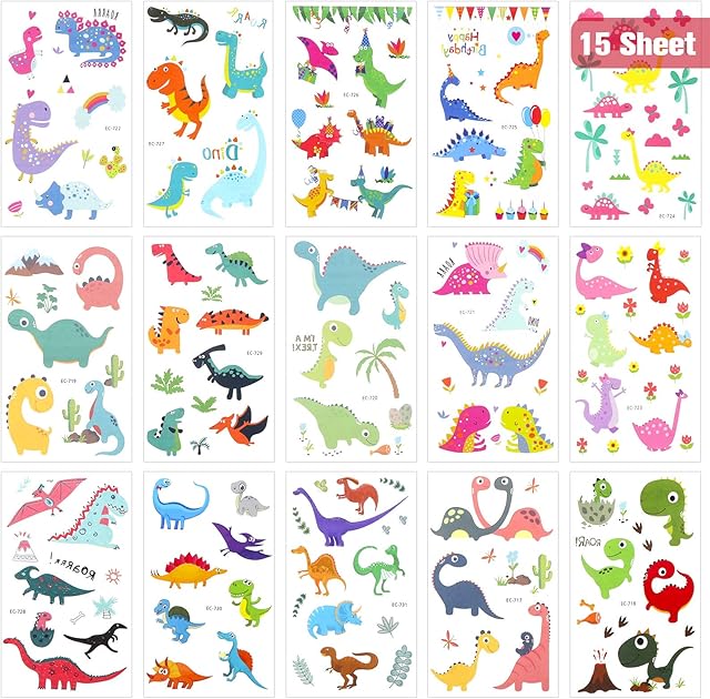 15 Sheets Temporary Tattoos for Kids, Waterproof Childrens Temporary Tattoo Sticker Pack Idea for Girls Boys (Dinosaur Pirate Monster),Non Toxic Halloween Christmas Birthday Party Supplies