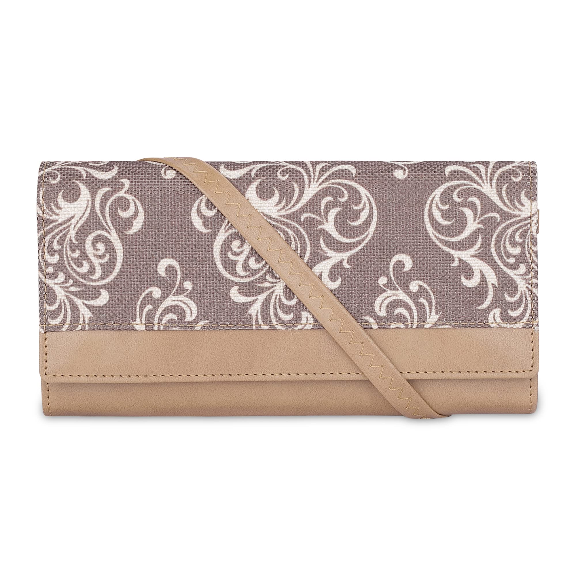 the clownfish Erika Printed Handicraft Fabric & Vegan Leather Ladies Wallet Purse Sling Bag with Multiple Card Slots & Shoulder Belt (Brown)-picture-41