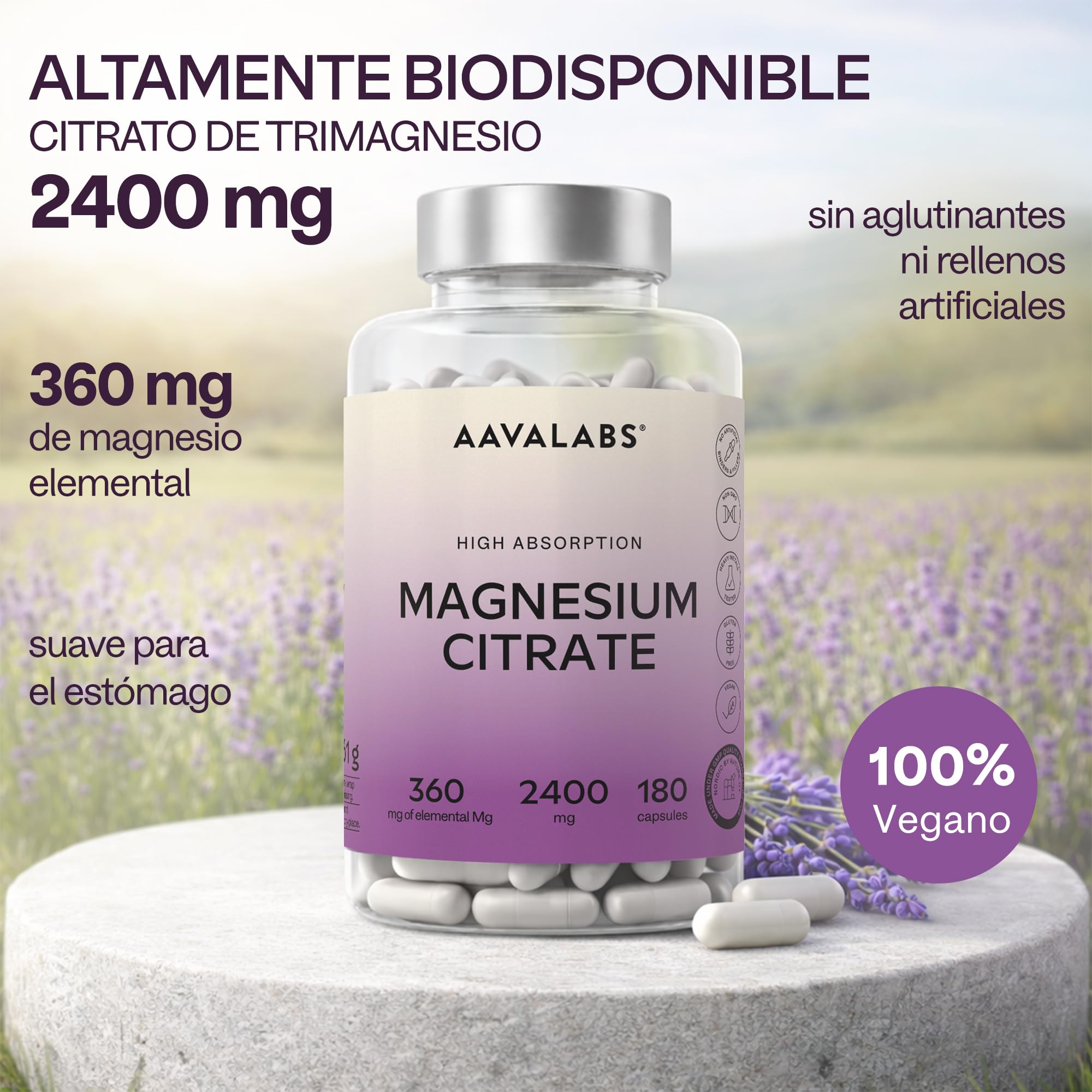 Aavalabs Citrato de Magnesio Capsulas [2400 mg por dosis diaria] - Alta Dosis de Magnesio Elemental [360 mg por dosis] - Puro y Vegano - 180 Cápsulas - Dosis Diaria 3 Cápsulas