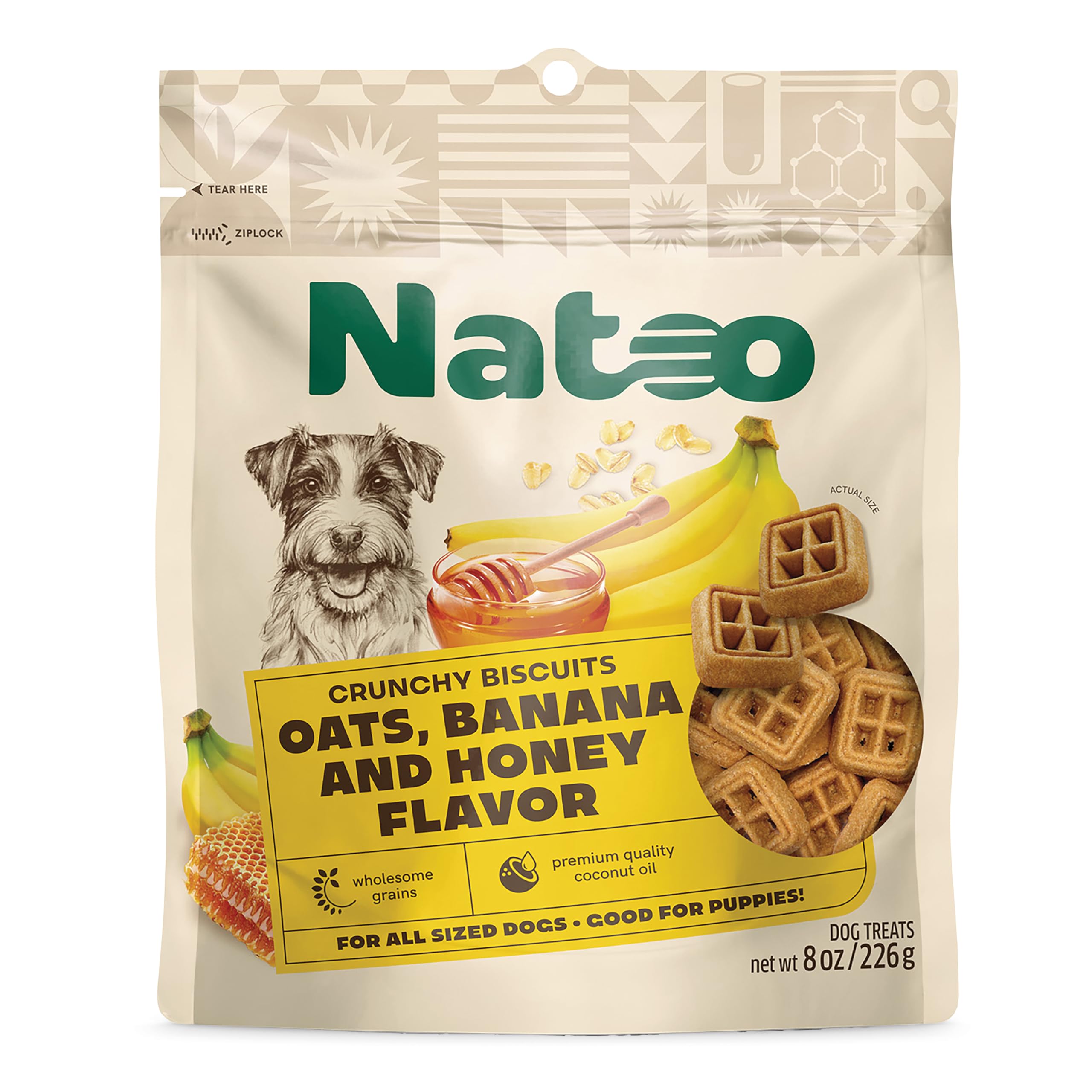 NATOO Dog Treats for Small Dogs & Puppies, Crunchy Biscuits Oats Banana and Honey, Natural Dog Treats, Rich in Omega 6, Prebiotics and Fiber,