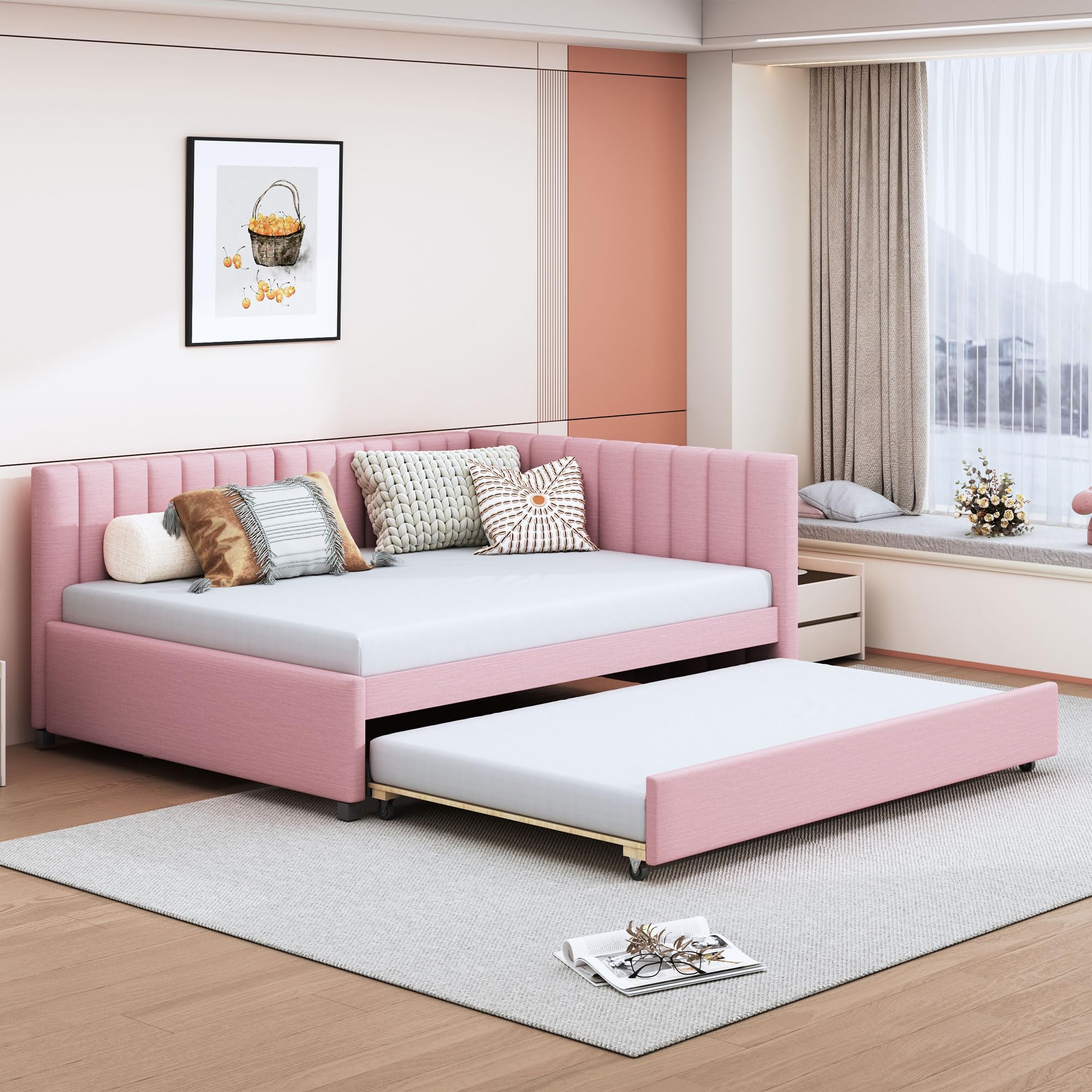 Full Size Linen Upholstered Daybed with Trundle,Sofa Bed Frame with Channel Tufted Backrest,Semi-Closed Design,Slat Support,No Box Spring Needed,for Apartment,Bedroom,Guest Room,Pink (INCOMPLETE! box 2 of 2 ONLY)