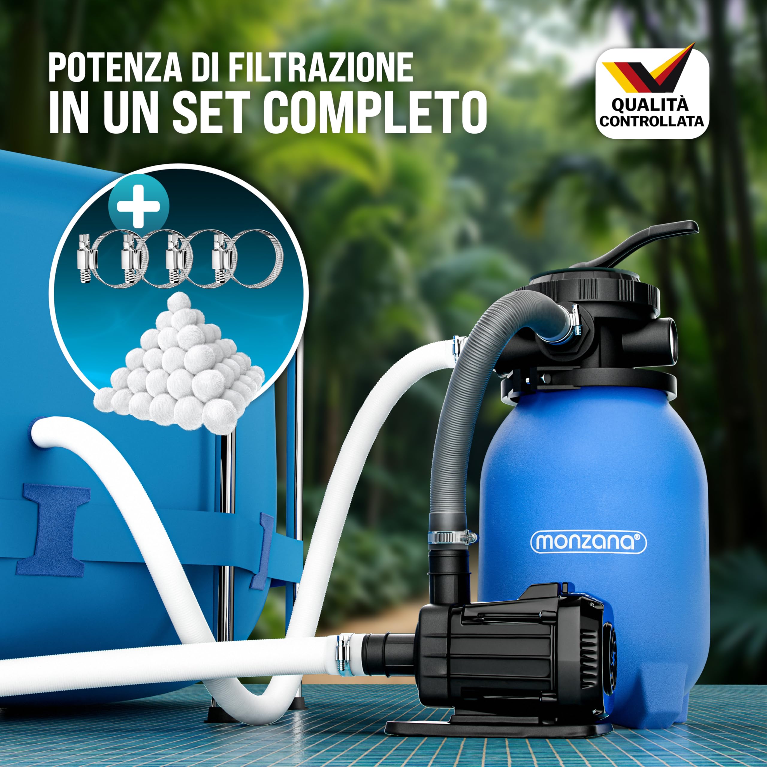 MONZANA® Filtro per Piscina MZPP180 5000 l/h fino a 15.000L incl. Palline Filtranti Valvola 7 Vie Adattatore 2in1 Ø32-38mm 180W Filtraggio per Piscina