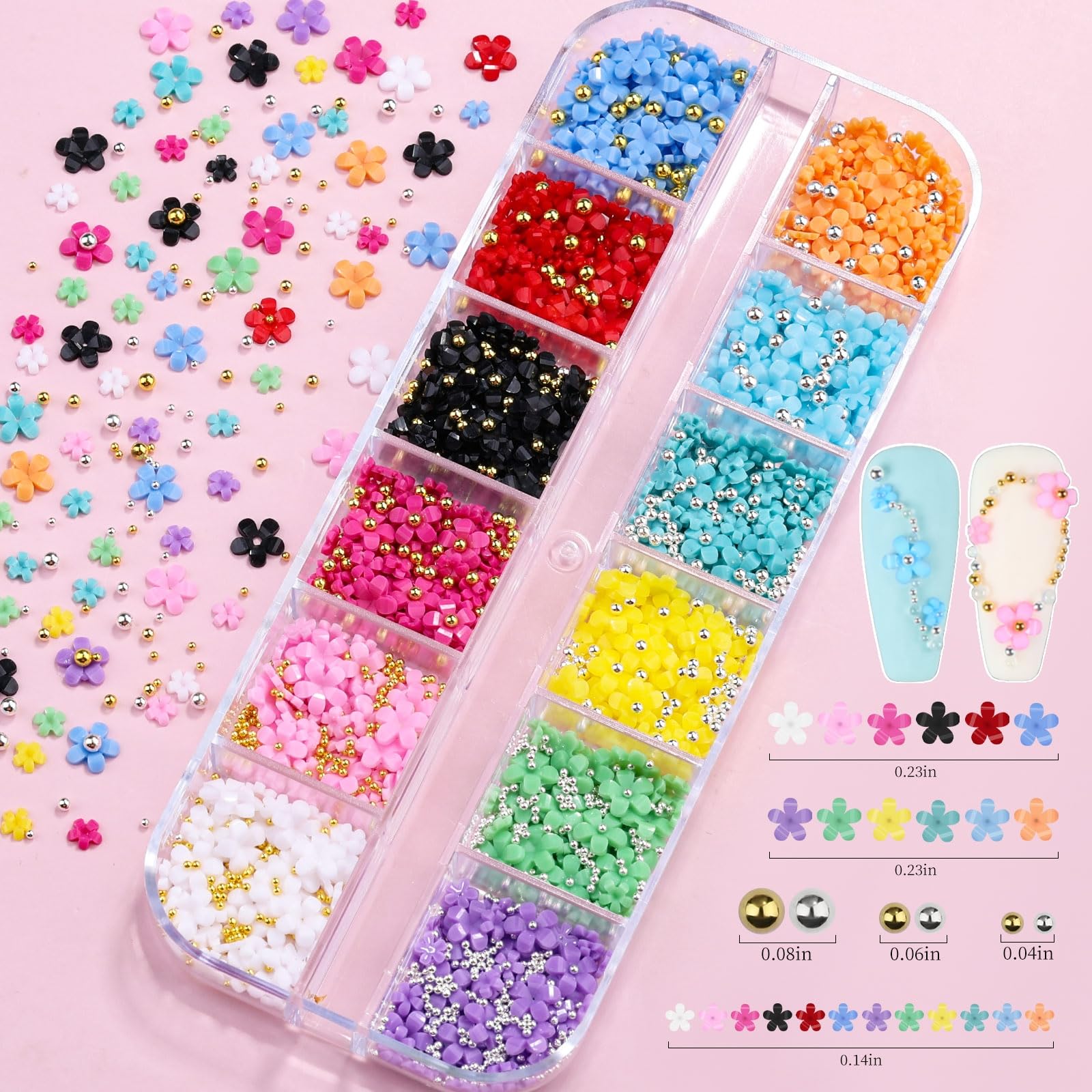 Dijes 3D coloridos para arte de uñas, acrílico blanco y rosa, flor de cerezo, pétalo de primavera, metal, oro, plata, cuentas redondas de caviar, perlas de diamantes de imitación para manicura y