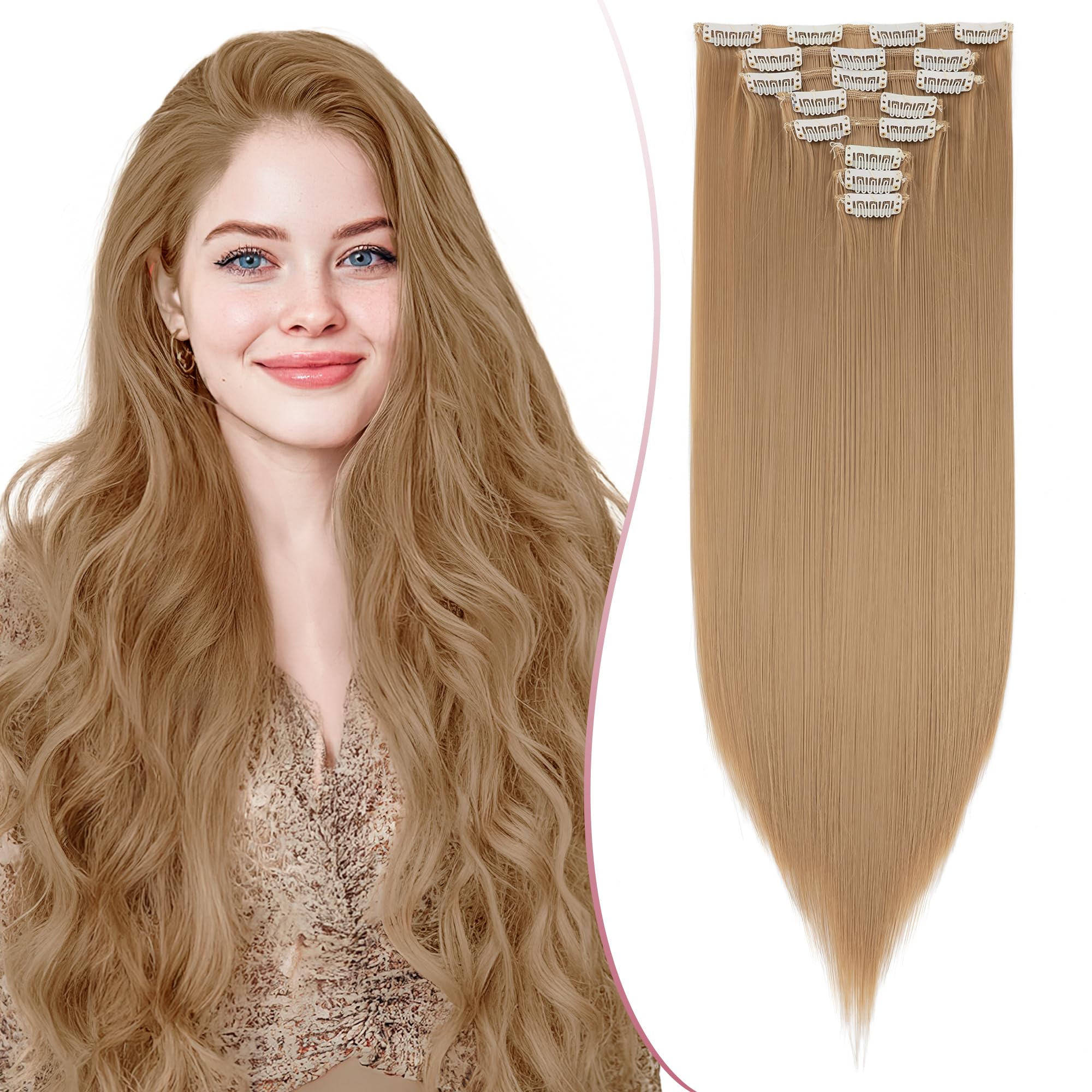 SEGO 18 Inch Thick Highlight Hair Piece 8PCS Long Straight Clip in Extensions Full Head 130g Synthetic Fiber Hairpieces for Women Dark Blonde