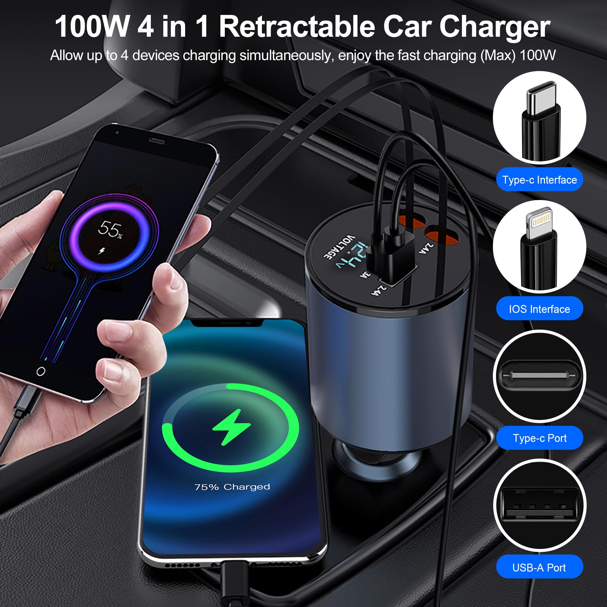 Retractable Car Charger 4 in 1 Fast Charge USB C Car Charger Adapter with Retractable Cord Cable 100W, Car Phone Charger for iPhone 15 Pro Max Plus 14 13 12