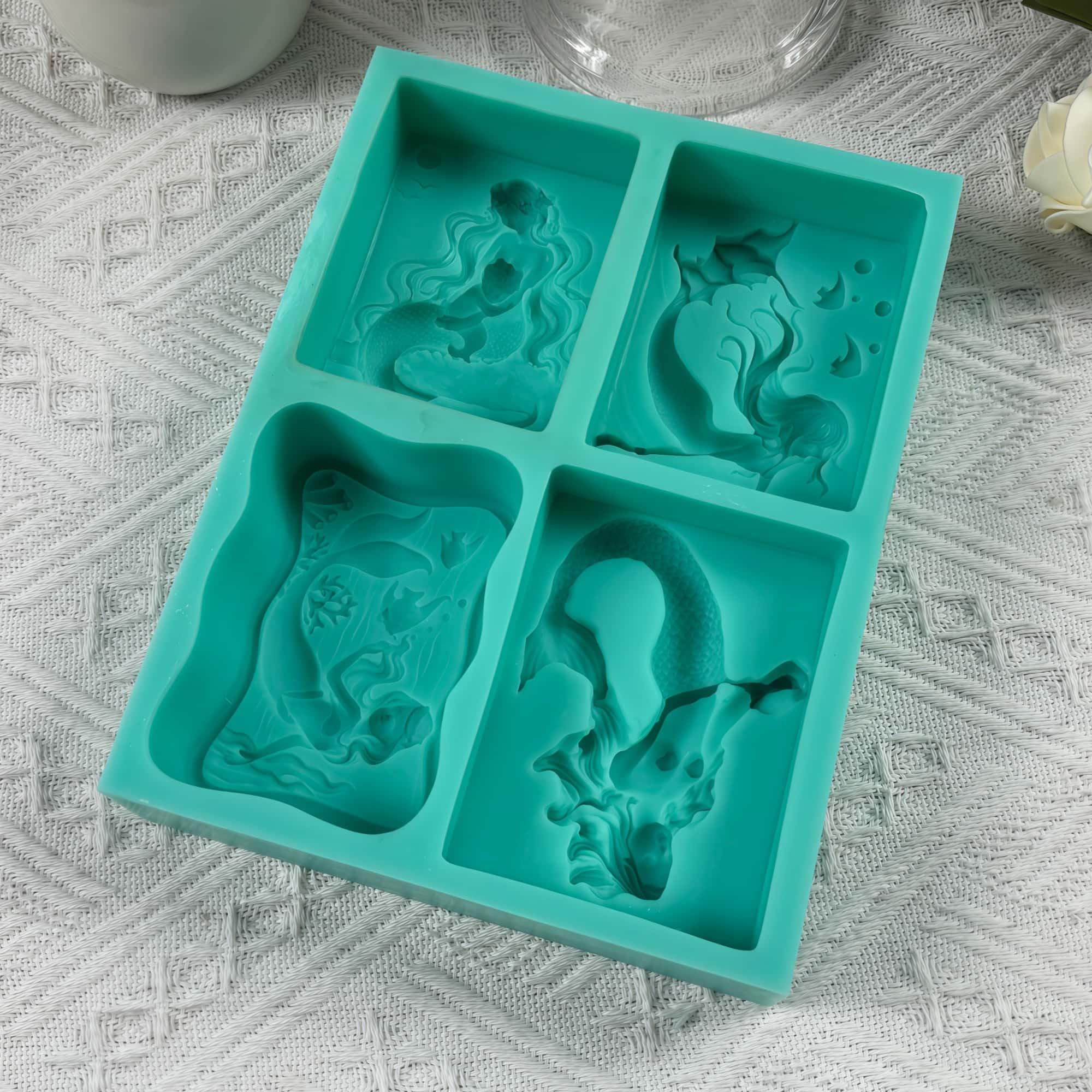 4 stampi per sapone fai da te a forma di sirena, in silicone, per sapone naturale, candele, cera, aromi, gesso, diffusori, decorazioni in resina