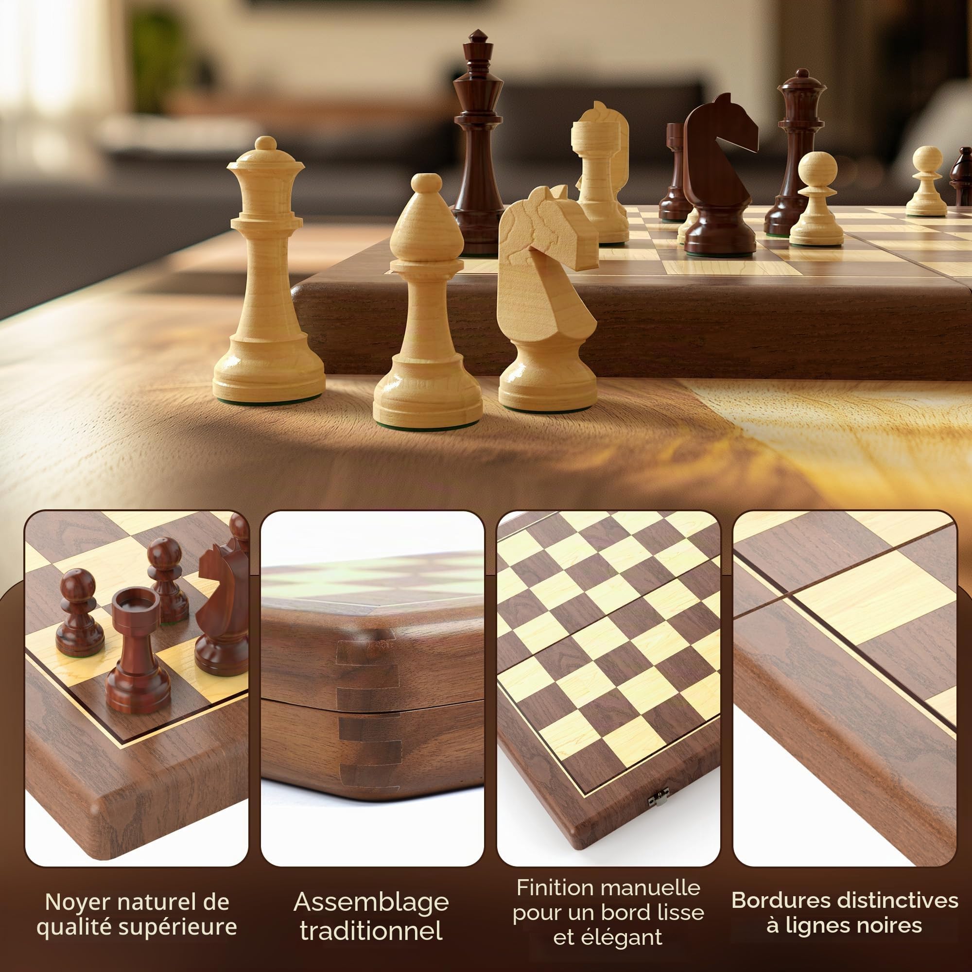 Walnuss Magnetisches Schach- und Dame-Set 2-in-1 Faltbares Holzbrettspiel 38 cm mit Staunton Figuren