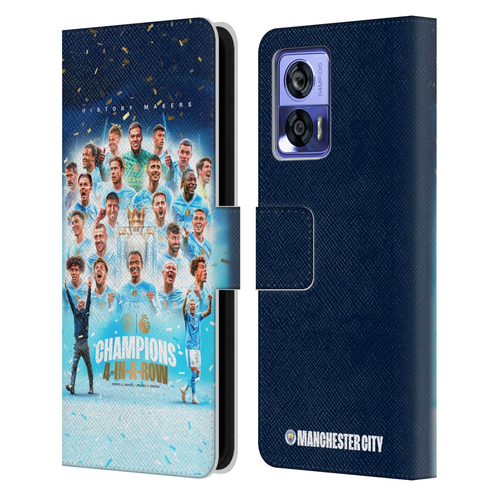 Head Case Designs Officially Licensed Manchester City Man City FC Team Poster 2024 Premier League Champions Leather Book Wallet Case Cover Compatible with Motorola Edge 30 Neo 5G