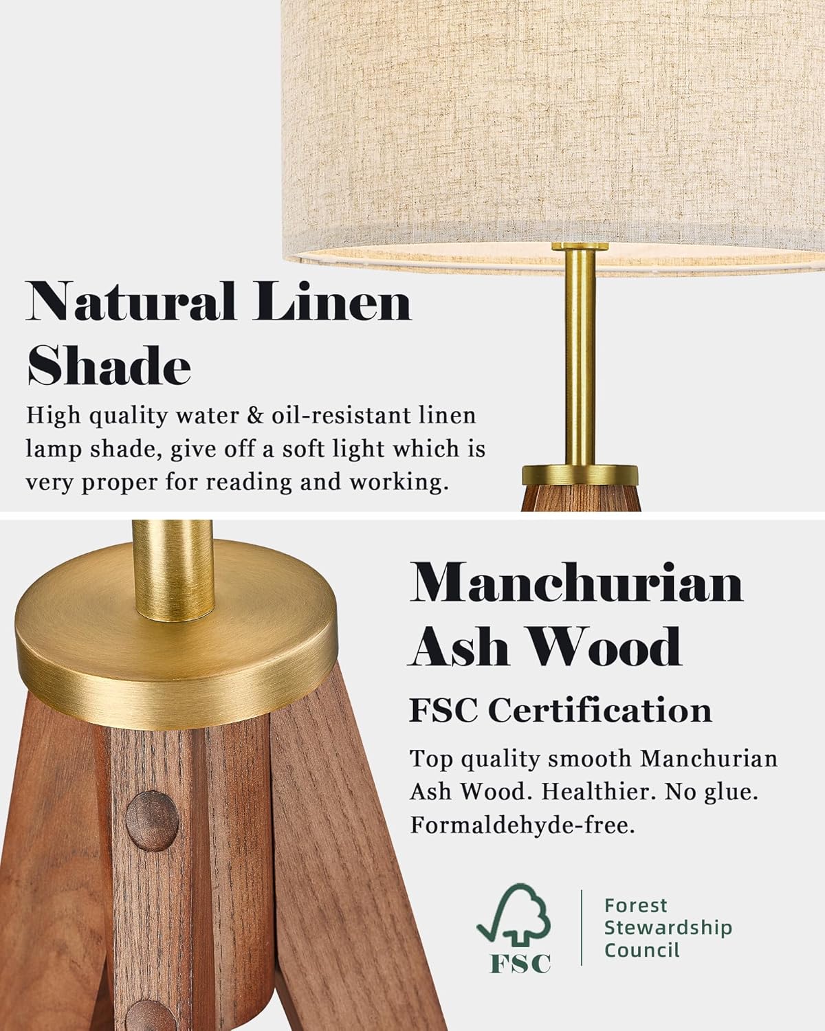 ELYONA Floor Lamp for Living Room, Solid Ash Wood Tripod Floor Lamp with Remote Control, Stepless Dimmable Standing Lamp for Bedroom, Office, Tall Lamp with Linen Shade, Mid Century Modern & Farmhouse