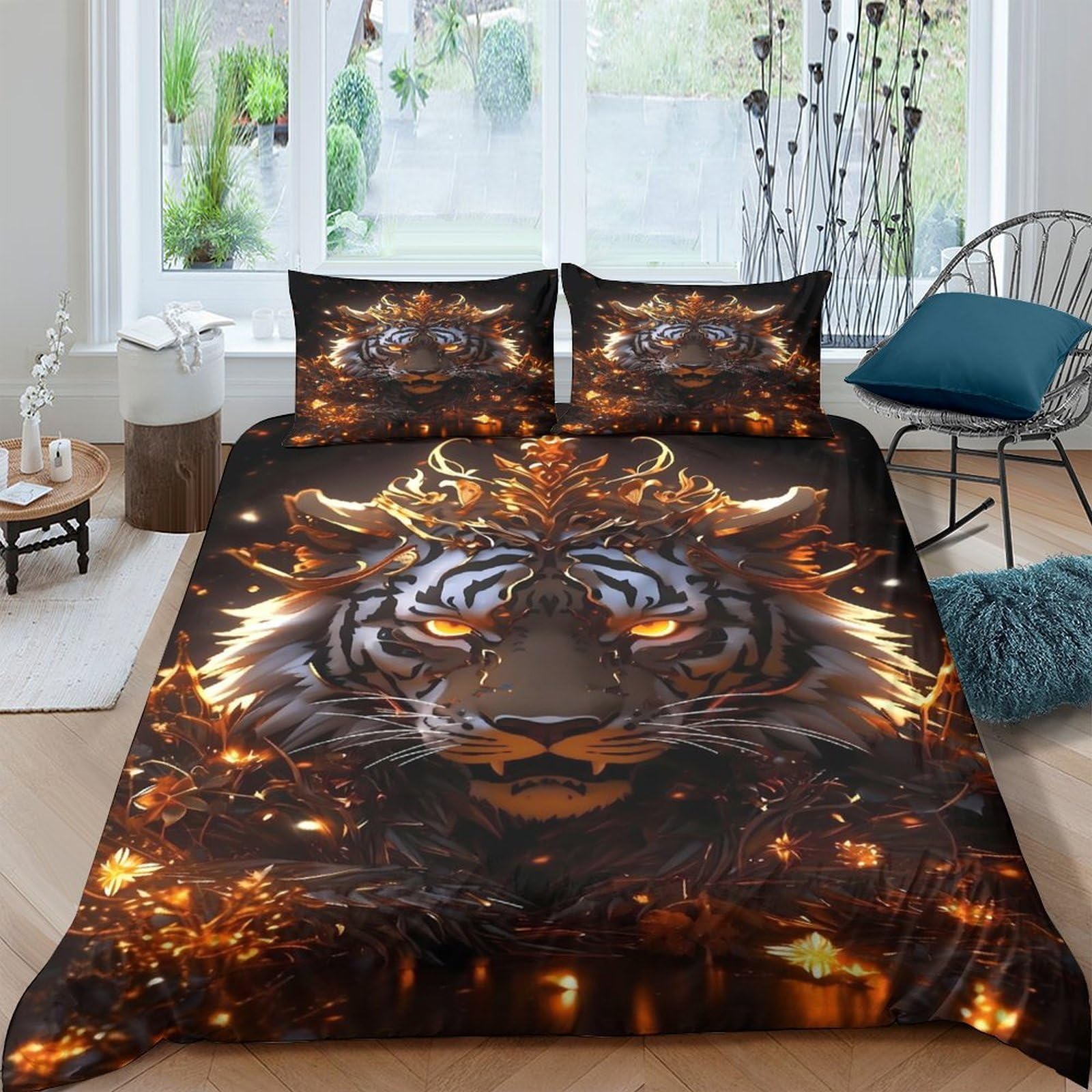 Ctjqhvkz Style-3 3D Printed Fiery Tiger Fitted Sheet Microfiber Soft Anti-Slip Mattress Cover For Bedroom Dorm Youth Room Decor Single（135X200cm）