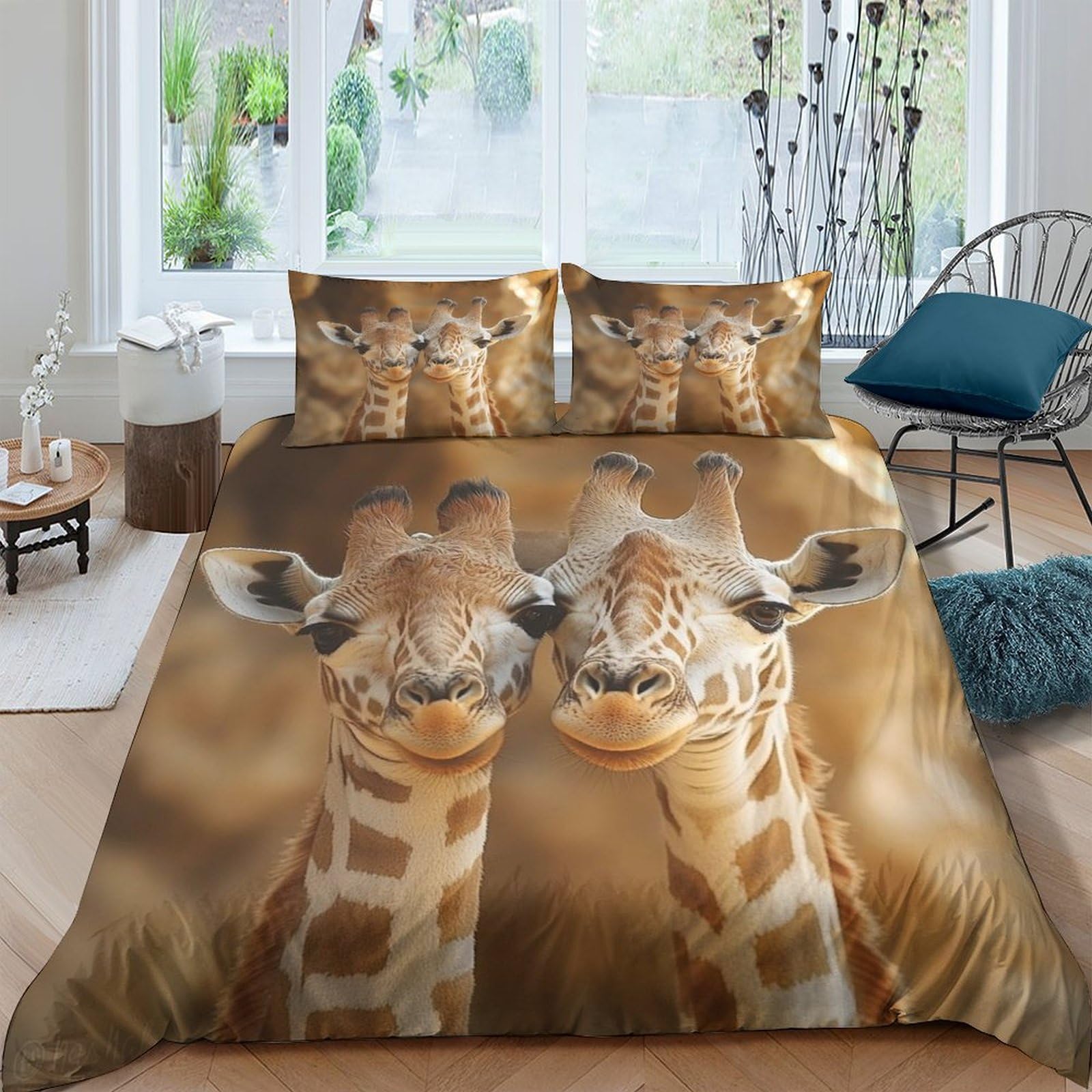 GPLZQXKJNH 3D Printed Giraffe Animal Duvet Cover Set Microfiber Soft Breathable Brown Safari Quilt Cover with 2 Pillowcases for Bedroom Single（135x200cm）