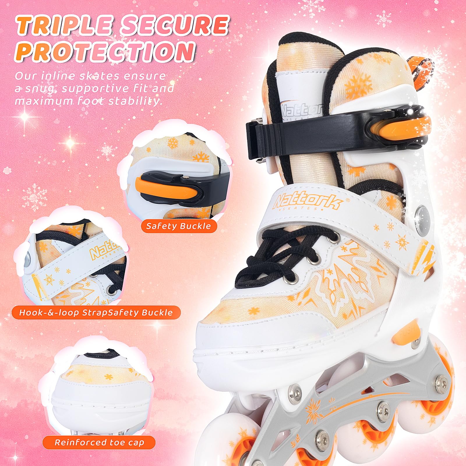 Nattork Patines en línea ajustables, copos de nieve para niñas y niños, patines de ruedas seguros y cómodos para principiantes