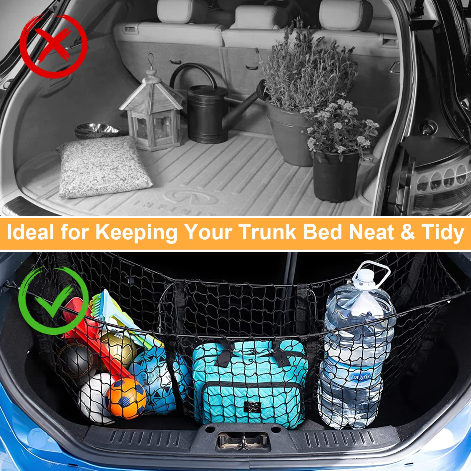 Rete Portaoggetti Bagagliaio 3 Tasche - Organizzatore Auto Universale, 150x40cm, Nero - Foto 3