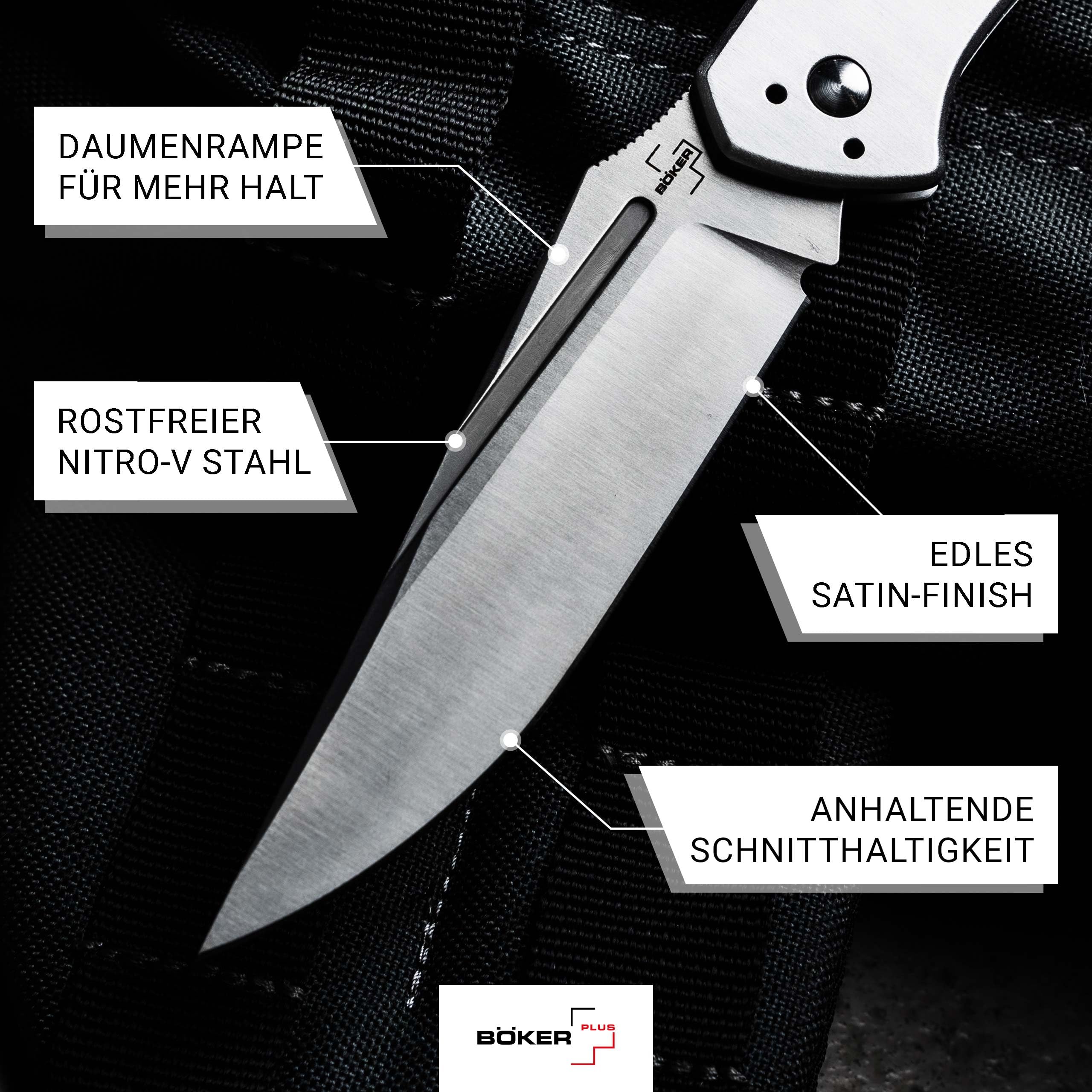 BÖKER PLUS® MEK - modernes Taschenmesser mit Backlock - hochwertiges Klappmesser mit Nagelhau - 42a konformes Zweihand-Messer mit 10,7 cm Nitro-V Droppoint Klinge - 2 Hand Messer mit Clip