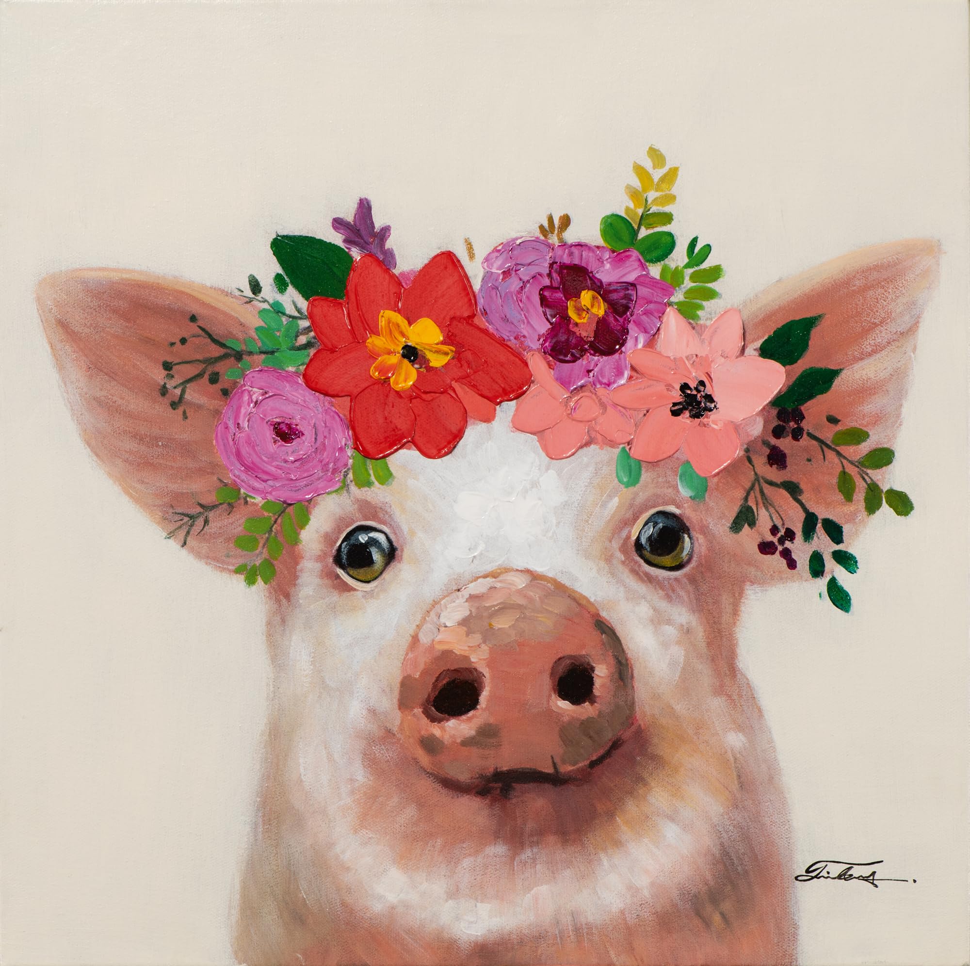 Art Universe Leinwandbild Schweinchen mit Blumen 50x50 cm Handgemaltes Acrylbild auf Echtholzrahmen Modernes Tierporträt
