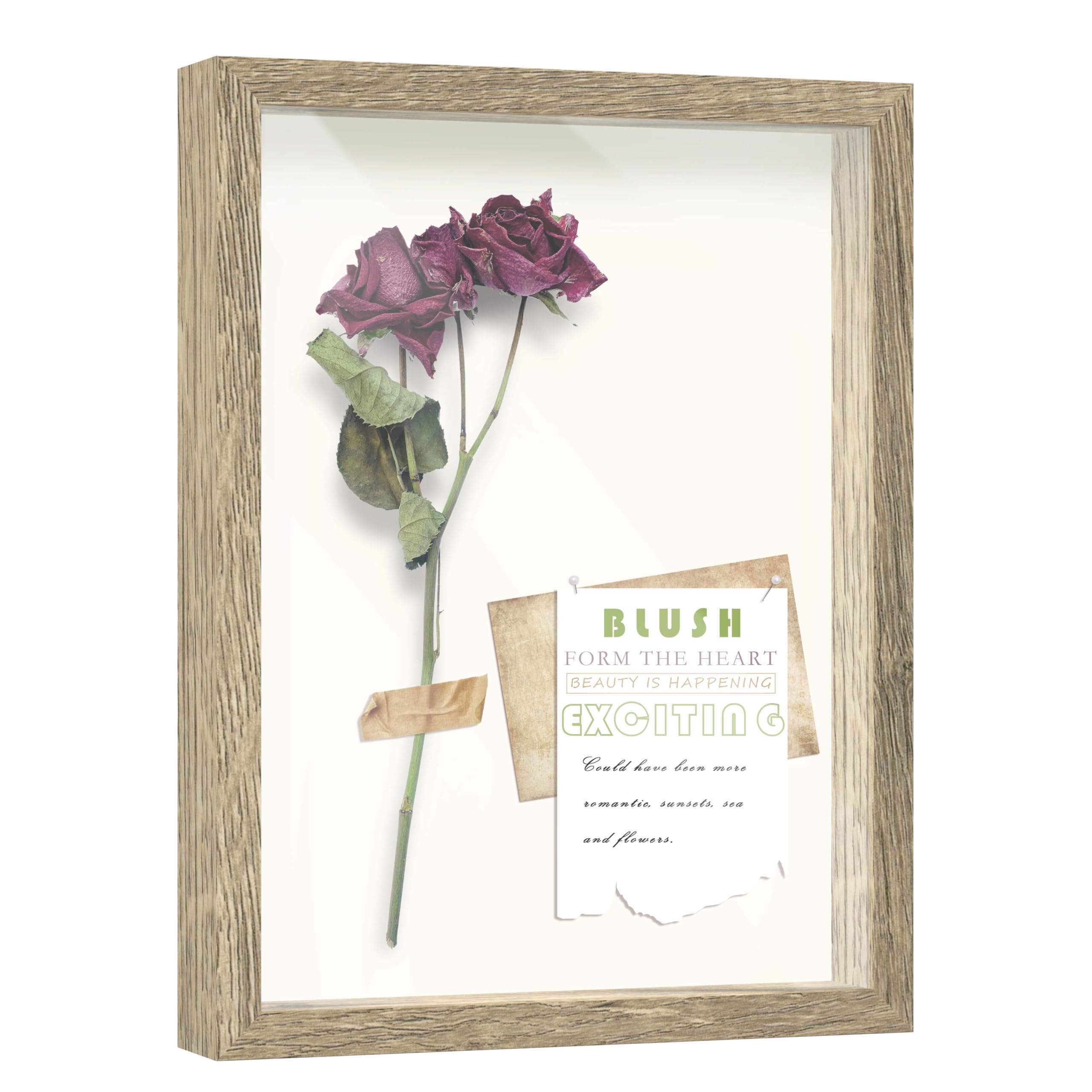 FrameWorks 12x16 Driftwood Wooden Shadow Box Frame – Soft Felt Back, Tempered Glass, and Included Elegant White Ball Push Pins