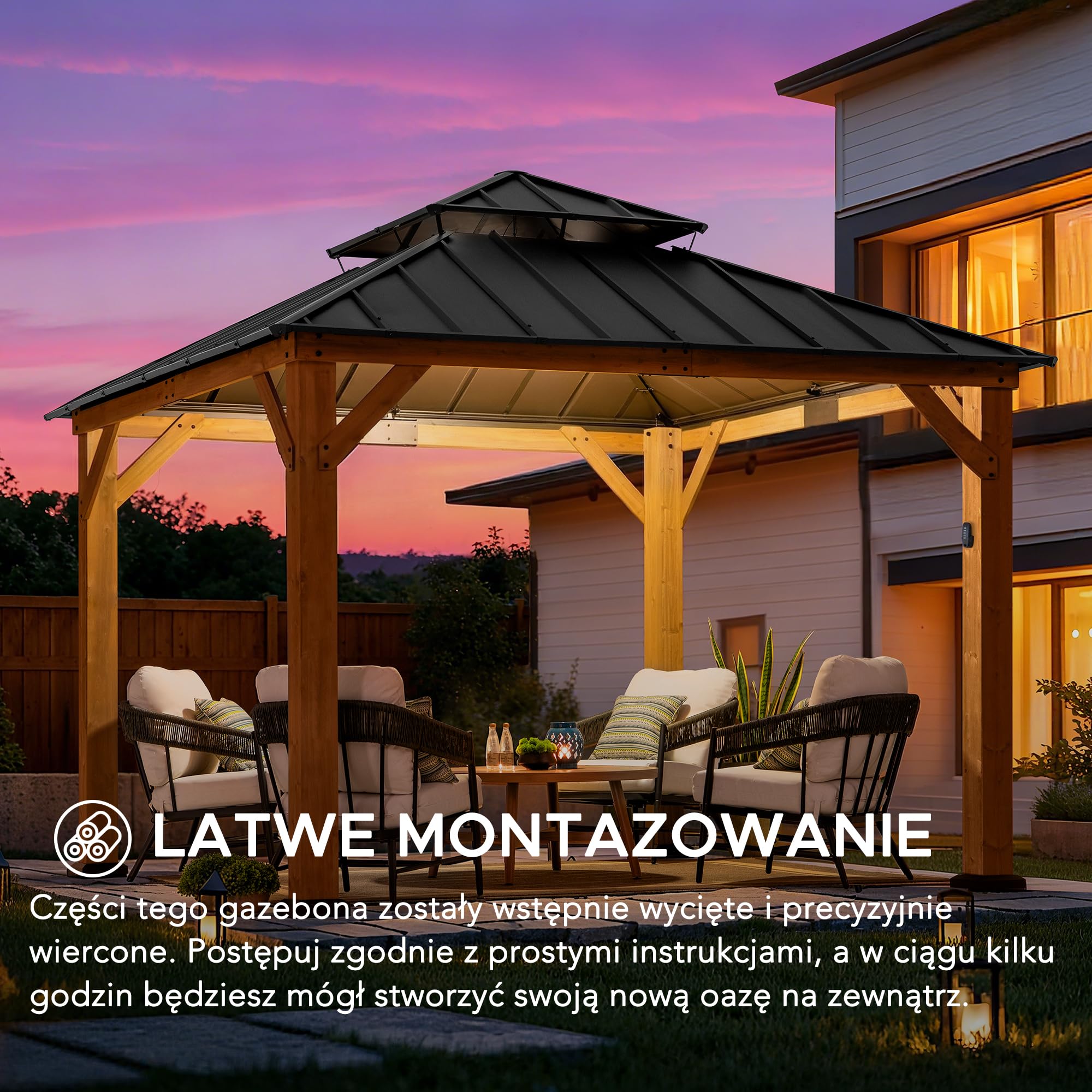 SUNJOY Altana Drewniana z Solidnym Daszkiem 3,3x3,3m z Oświetleniem Solarnym, Stalowy Dach Czterospadowy & Wypełnienie z Poliwęglanu, Odporna na Śnieg & Promieniowanie UV, Trwała Altana Ogrodowa na Ta