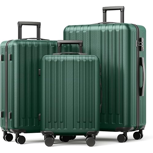 3 Piece Luggage Set, Hardside Lightweight Suitcase Sets with Spinner Wheels (20"/24"/28",Green)