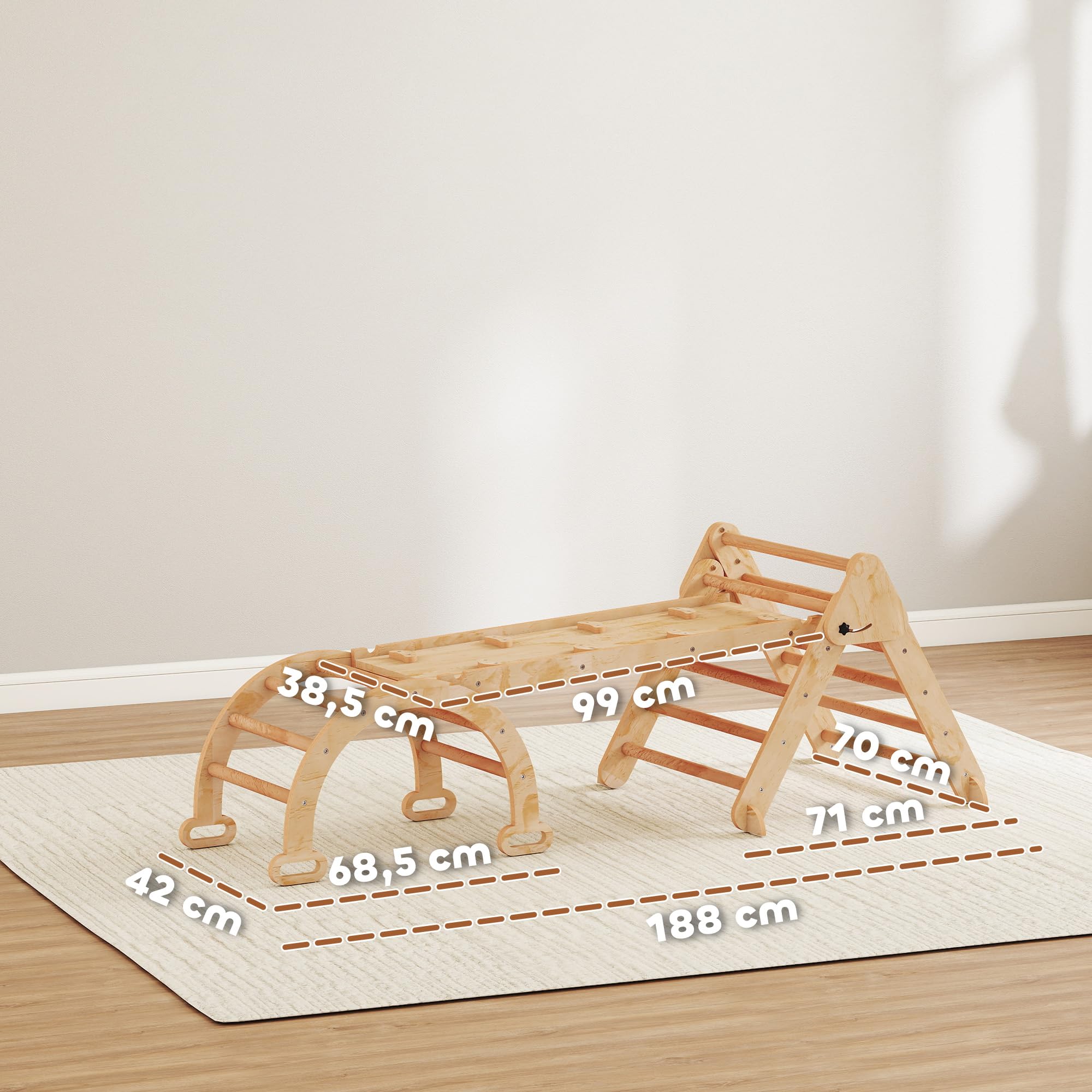 AIYAPLAY 7 en 1 Triángulo de Escalada Montessori con Arco y Rampa, Escalada para Niños de Madera Plegable, para 18-48 Meses, para Deslizarse o Escalar, 188x70 cm, Natural