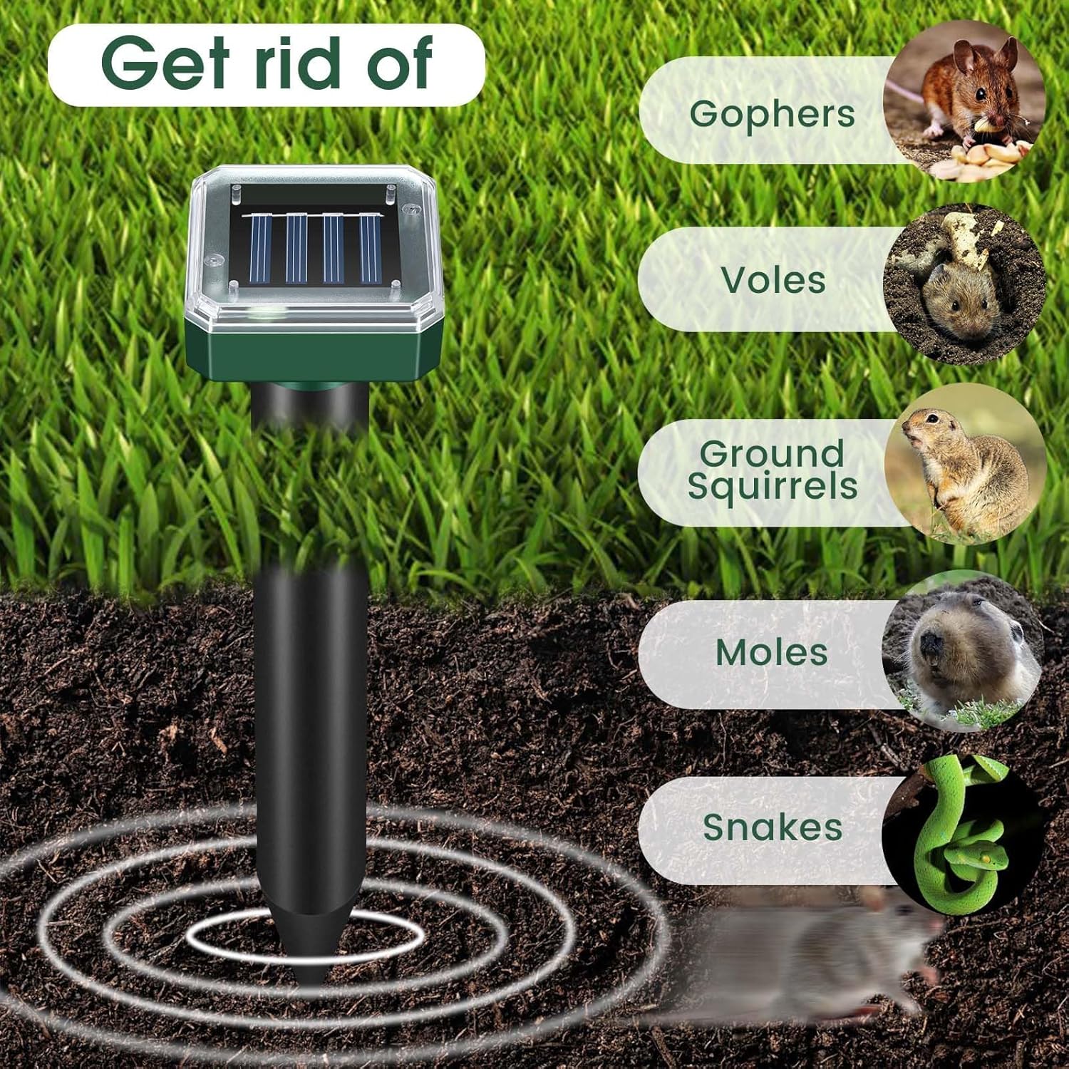 Mole Repellent Solar Powered, Ultrasonic Repeller 8-Pack, Waterproof Sonic Spikes Gopher Vole Groundhog Snake Chipmunk Mole Deterrent Get Rid of Moles in Your Yard - Image 1 of 6