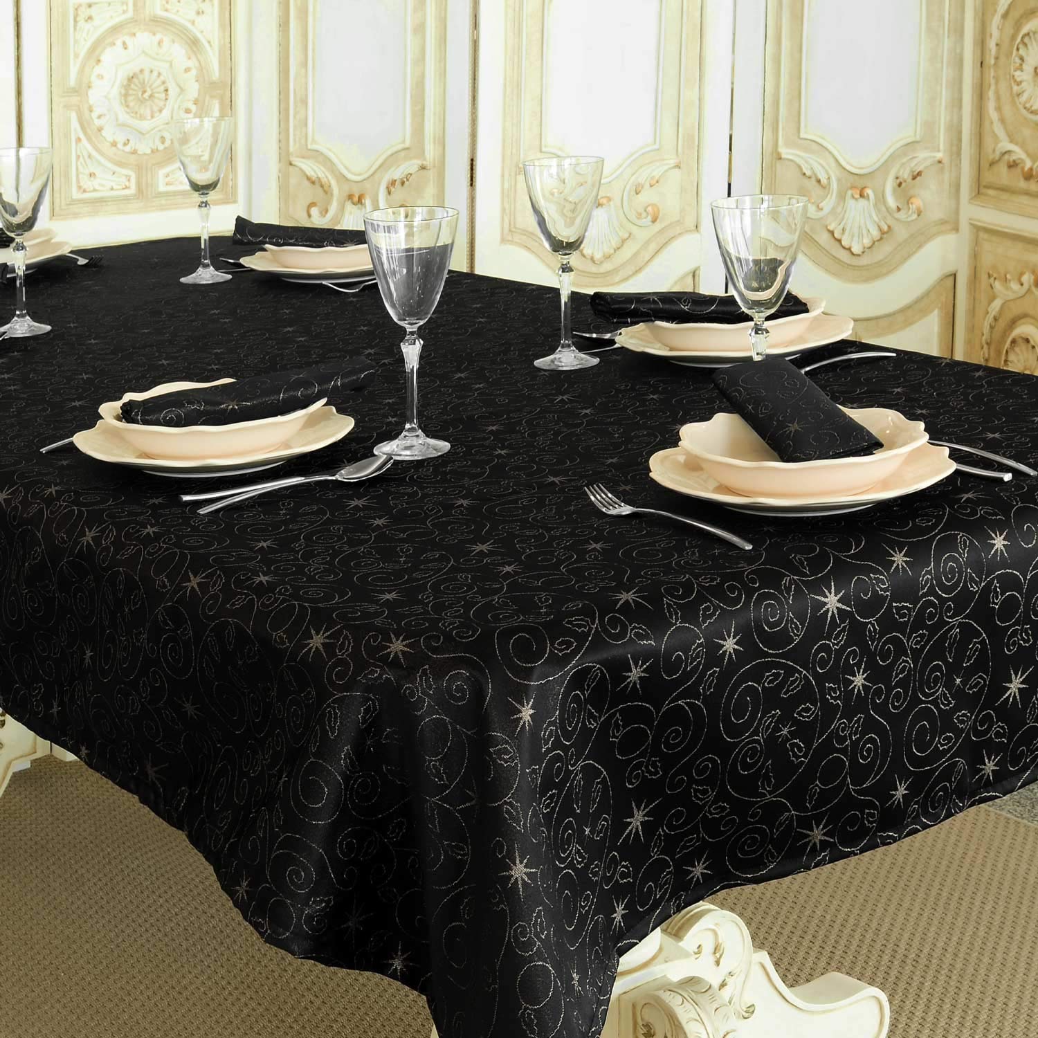 Bgeurope Black Anti-Stain Tablecloth - Ref. Christmas Stars - And Silver (150Cm X 300Cm)