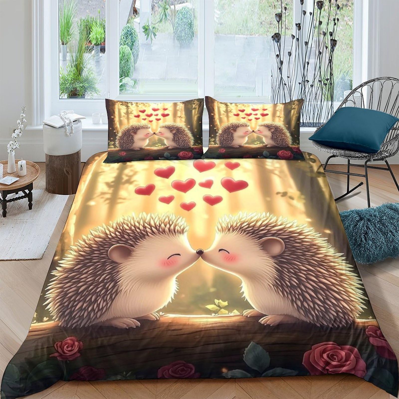 Ctjqhvkz Style-7 3D Printed Kissing Hedgehogs Fitted Sheet Microfiber Soft Heart Forest Mattress Cover Bedroom Decor Washable Single（135X200cm）