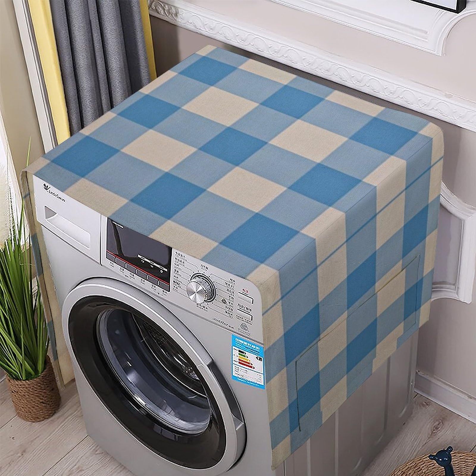 Fodpand White Washing Machine Cover For Top Load Dustproof Blue And Washer And Dryer Cover With Storage Pockets Household Appliance Covers Washable Top Protector Mat Pad For Laundry & Kitchen