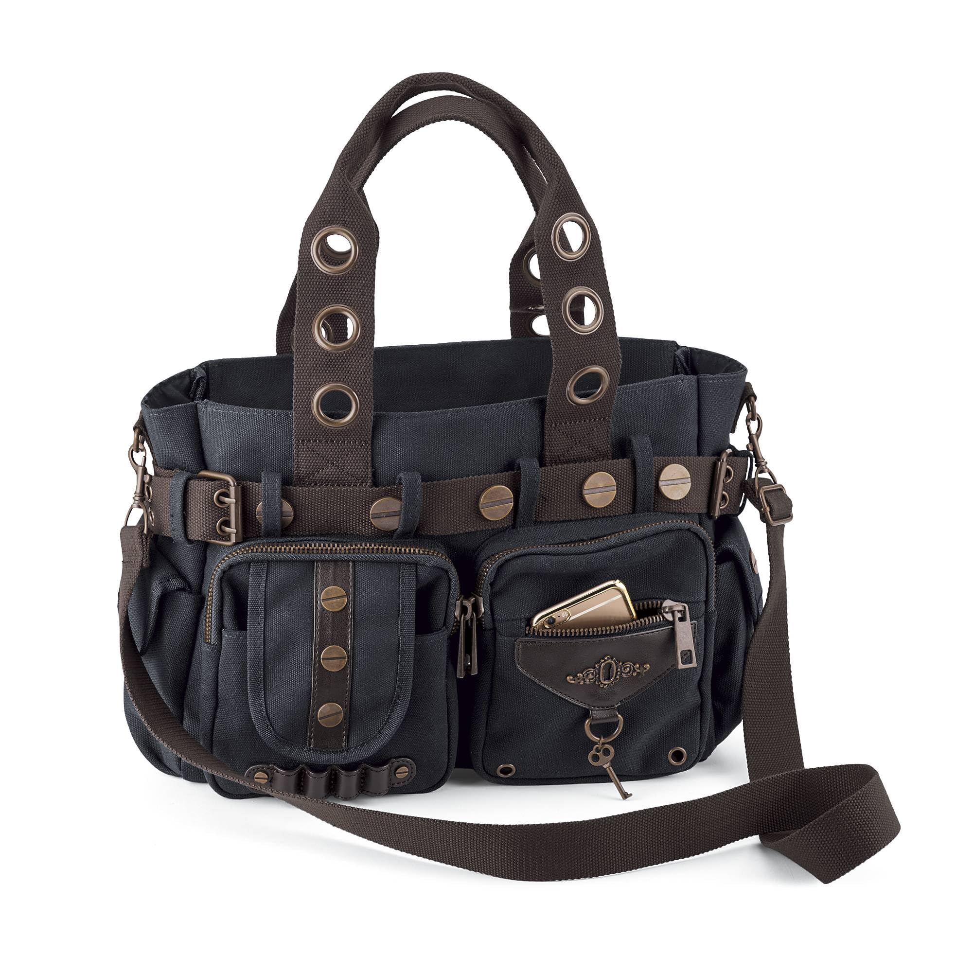 SAGEFINDS Steampunk Key Canvas Handbag | Crossbody Shoulder Purse for Women | Messenger Bag with Top Handles | Adjustable and Detachable Body Strap |