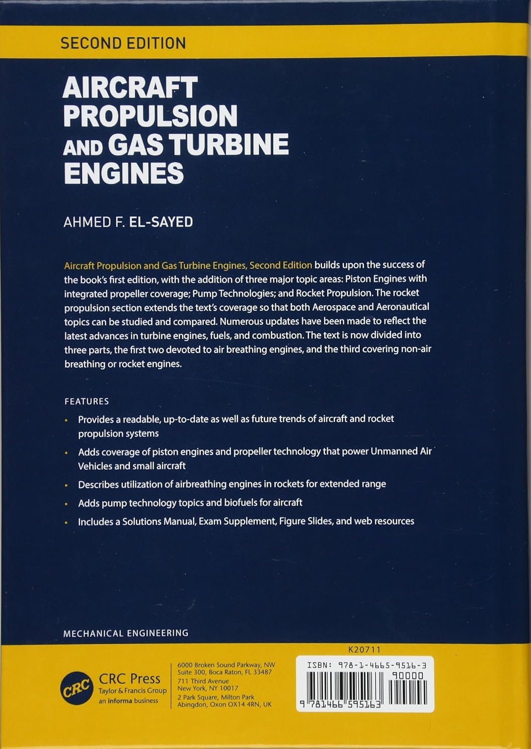 Back cover of Aircraft Propulsion and Gas Turbine Engines, Second Edition, showing a list of features
