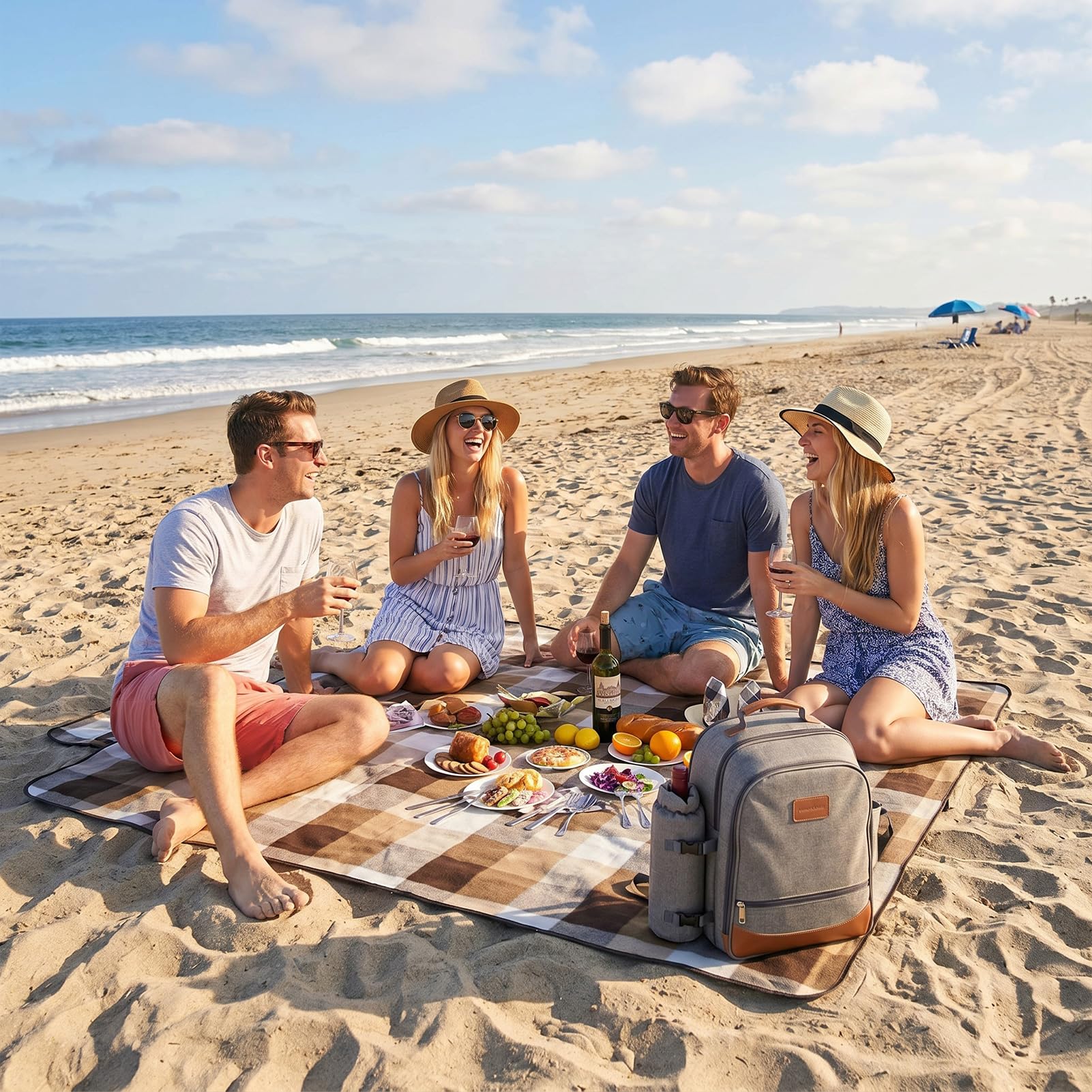 HappyPicnic Mochila de Picnic aislada para 4 Personas con Juego Completo de vajillas, Compartimento de Nevera Muy Espacioso, portabotellas y Alfombra de Picnic Impermeable Grande