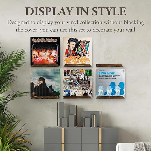 Miniatura 4 de MyGift Estantes de exhibición rústicos de madera maciza quemada para exhibición de discos de vinilo, portada de álbum flotante, estante colgante