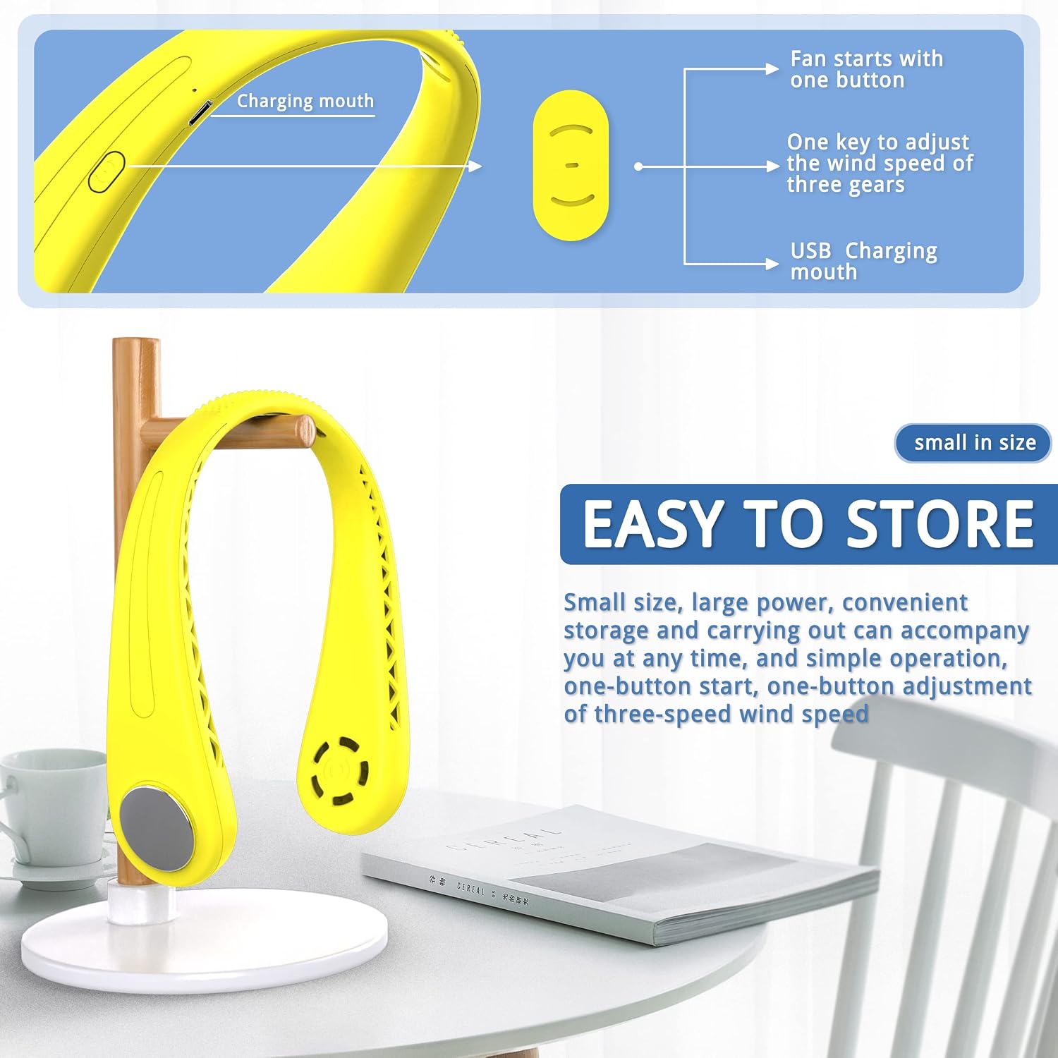FrSara Bladeless Neck Fan, Strong Wind, Adjustable, 360° Cooling, Super Quiet, No Blade Fan Design, No Hair Twisting, Even Air Volume On Both Sides, Non-Slip Material, Short Charging, Long Use Time