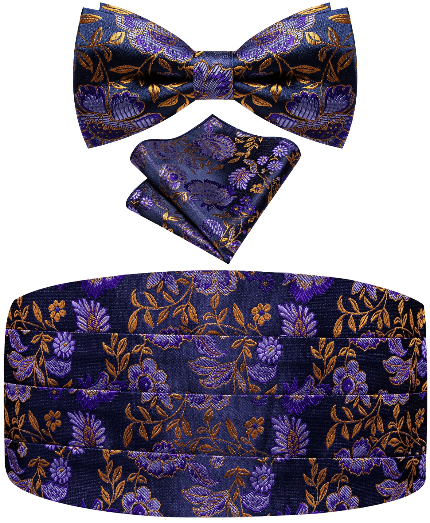 Paisley Floral Tuxedo Cummerbund Bow Tie Pocket Square Set for Men