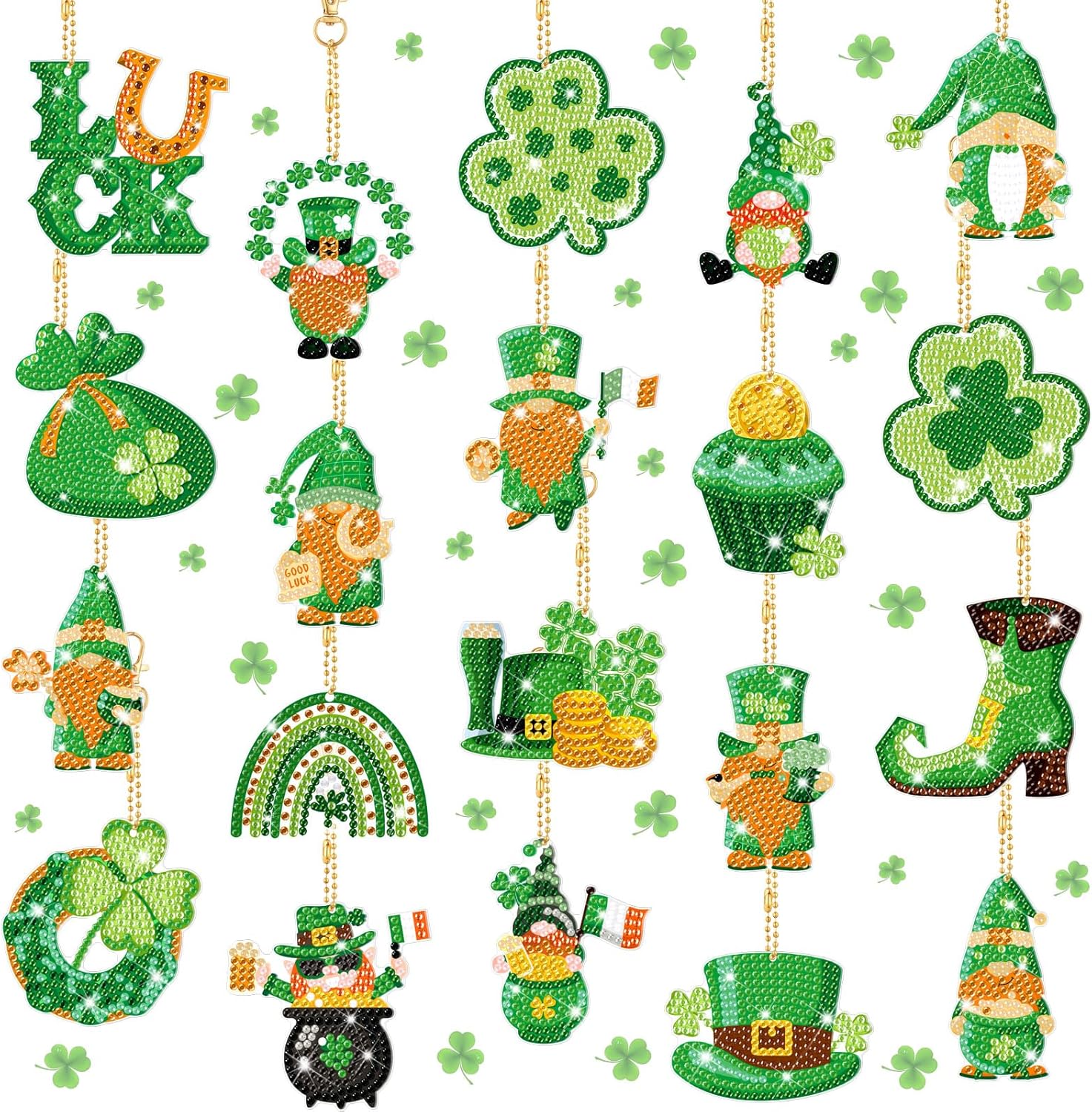 Aurelema 20 Pcs St Patricks Day Diamond Painting Keychains Irish Day Shamrock Diamond Art Keychains 5d DIY Painting Art Set for Crafts