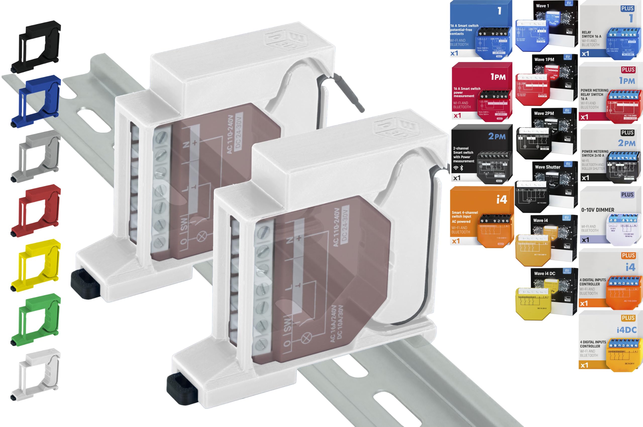 Print Worth PWG3-Single 3D DIN Rail Holder for 32 Shellys: 1.1PM,2PM,Shutter,1L,2L,EM,i4,i4DC,i4LR,Dimmer,Dimmer Dali, RGBW PM (Wave/Plus,G3,G4) (2x White Prime)