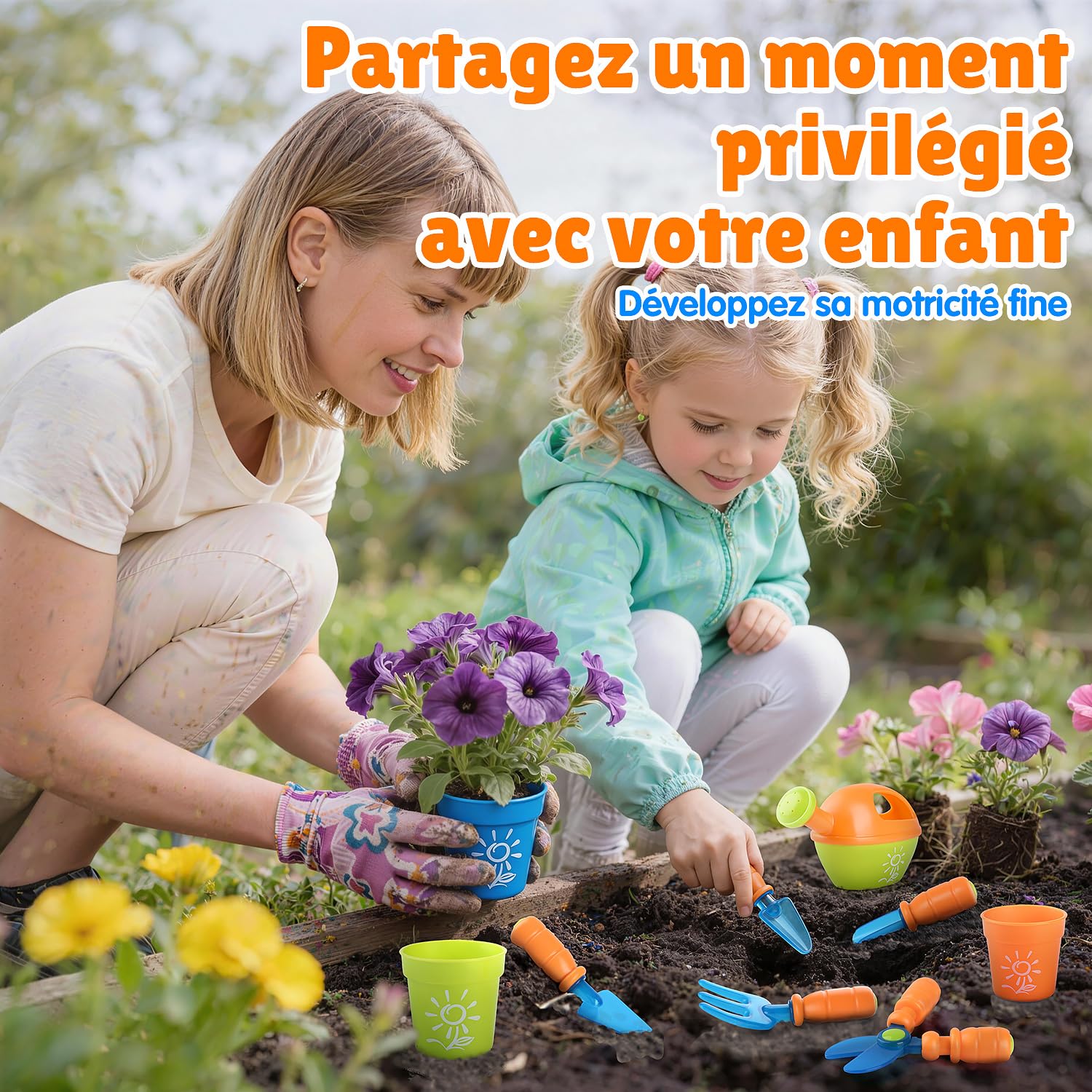 Play Ensemble d'outils de Jardinage pour Enfants avec Pelle, Fourche, Ciseaux, Pot de Fleurs, arrosoir, étiquette et boîte de Rangement, kit de Jardinage pour Enfants à partir de 3 Ans