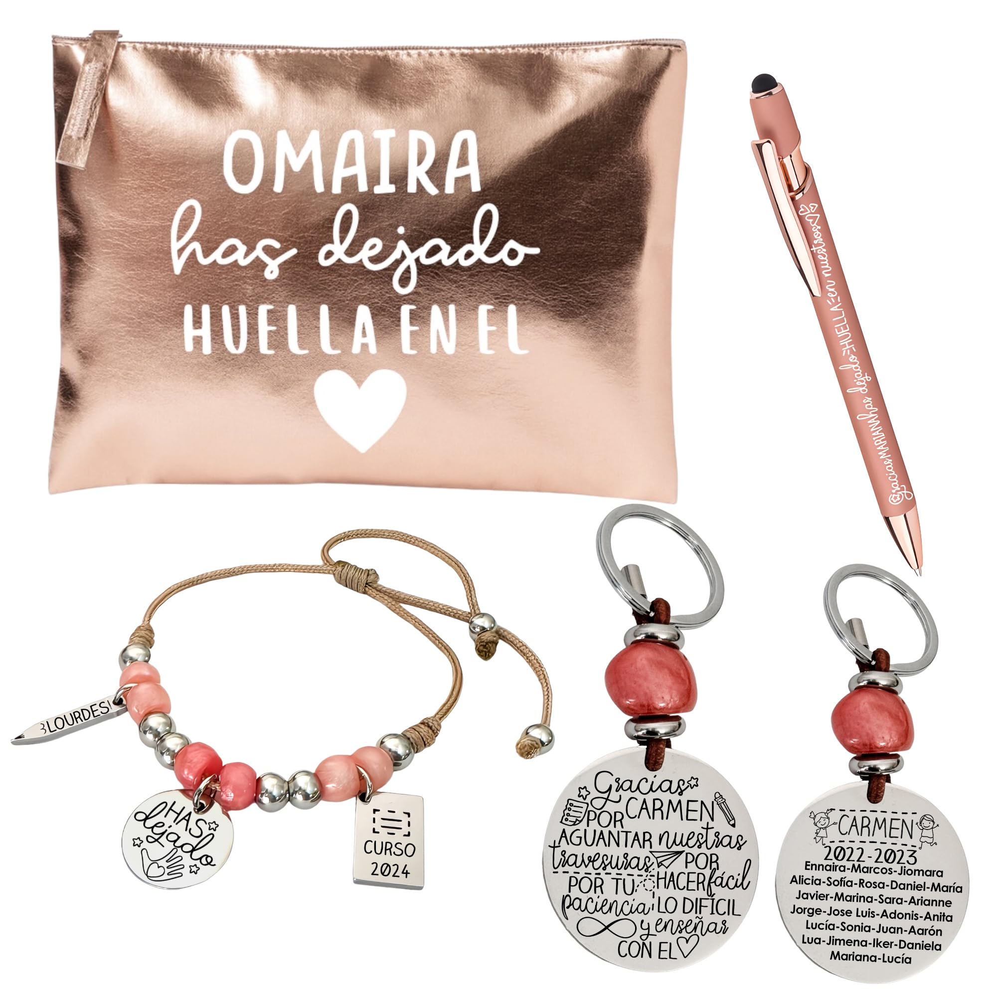 SET ORO ROSA, regalos para profesoras. Incluye (todo personalizado) neceser, bolígrafo, llavero y pulsera. Regalos fin de curso.