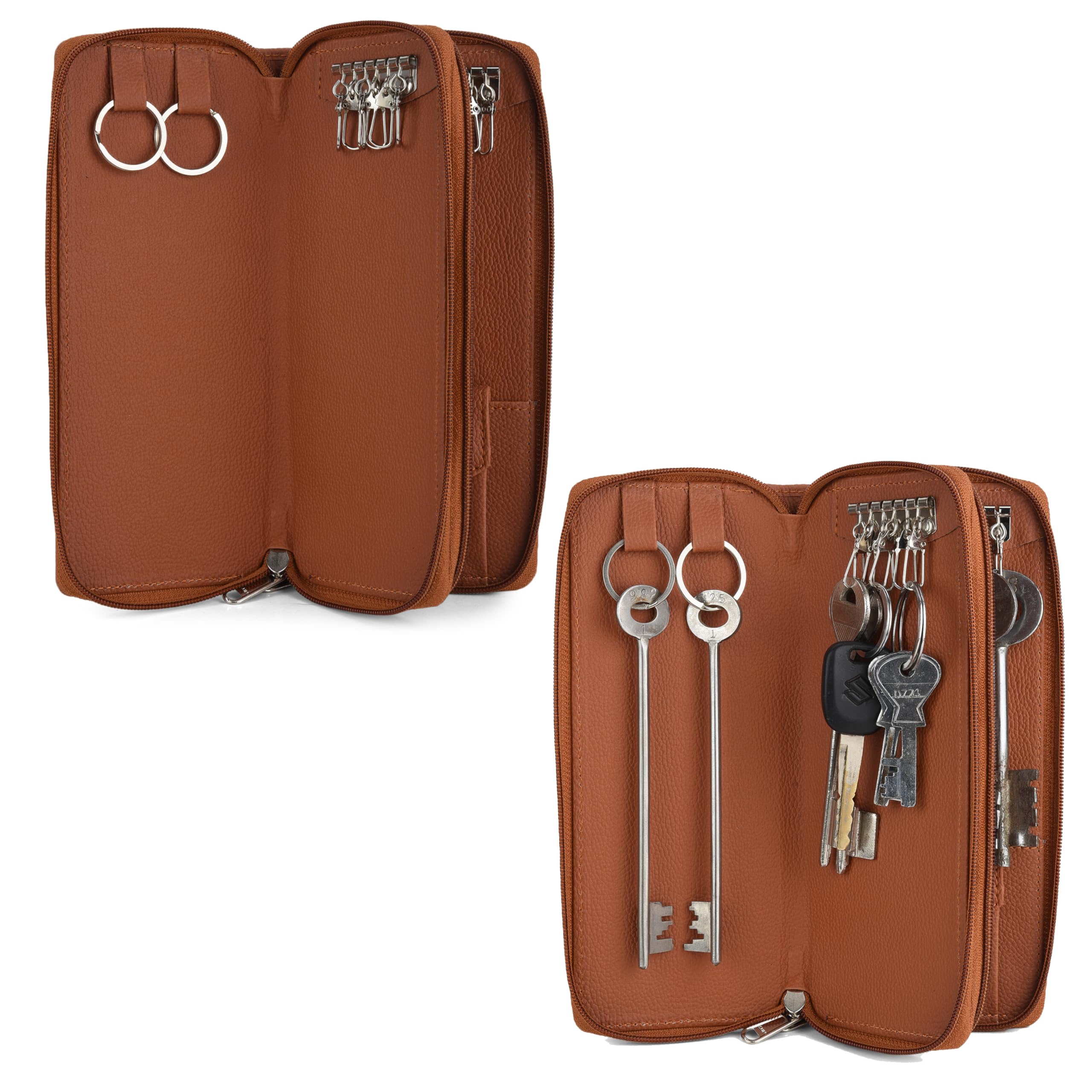 Sarvika PU Leather Key Case Pouch (Set of 2) Key Case Men & Women Key Pouch Holder, Bank Locker Key Pouch with 6 Hooks Zipper Closure Colour (KH-42408-Brn-Brn)-image-9