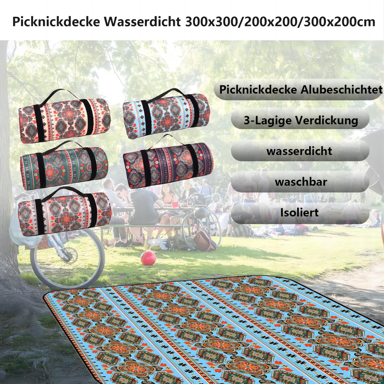 Coperta da Picnic Impermeabile 300x300/200x200/200x300cm, Coperta da Spiaggia Portatile Lavabile E Isolata, Grande Coperta da Picnic Rivestita in Alluminio per Picnic, Campeggio, BBQ