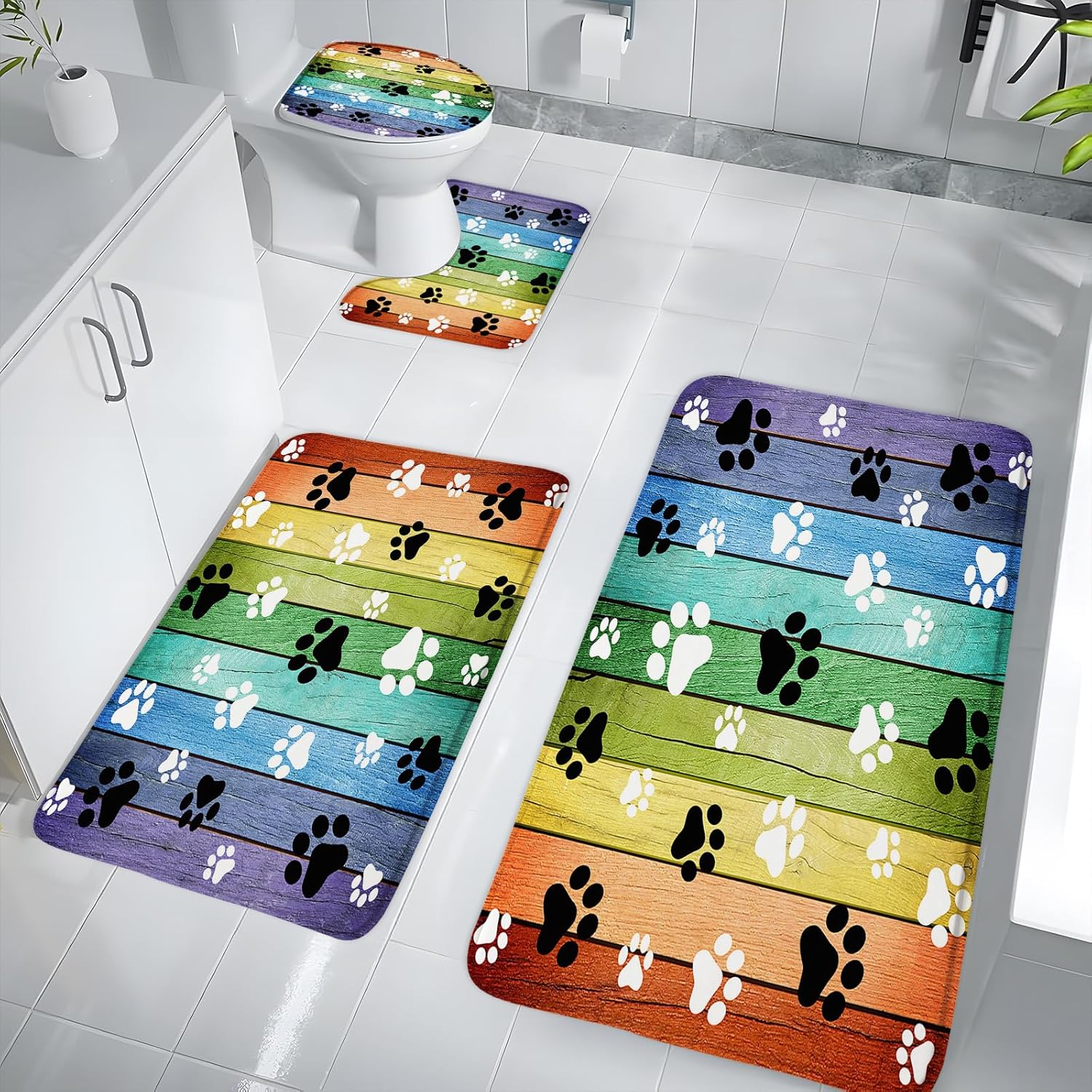 4 Piece Bathroom Rugs Set Paw Print Bath Mat Black White Cute Dog Cat Pet Paw Funny Animal Footprint Colorful Rustic Old Barn Wood Board Creative Abstract Modern Kitchen Laundry Toilet Cover U-Shaped