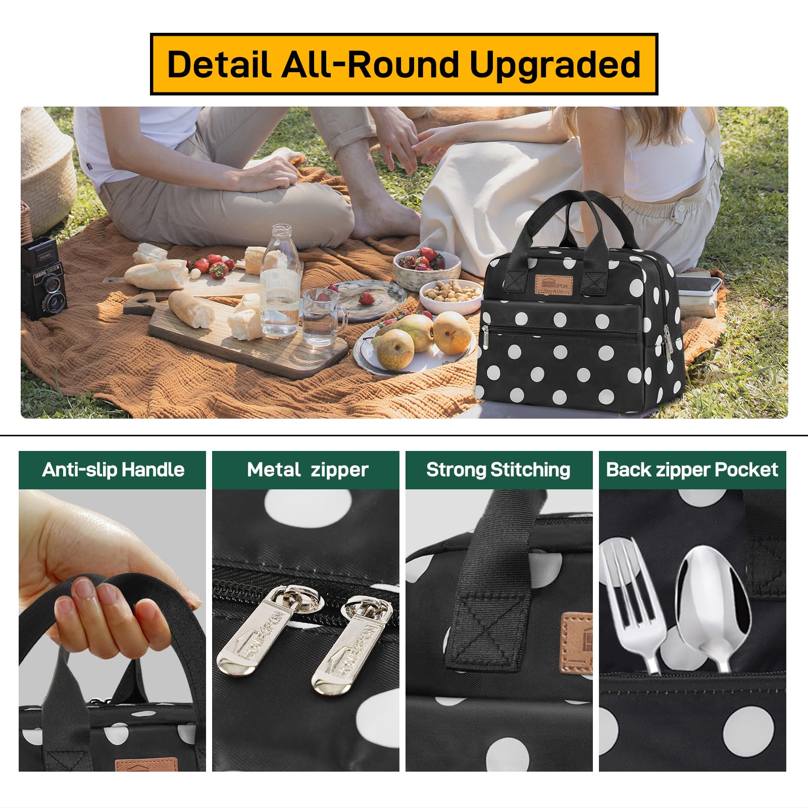 HOMESPON Insulated Lunch Bag for Women Men Work Adult Cool Bag Lunch Box Large Capacity Ladies Tote Bag(Black Dots) - Image 4