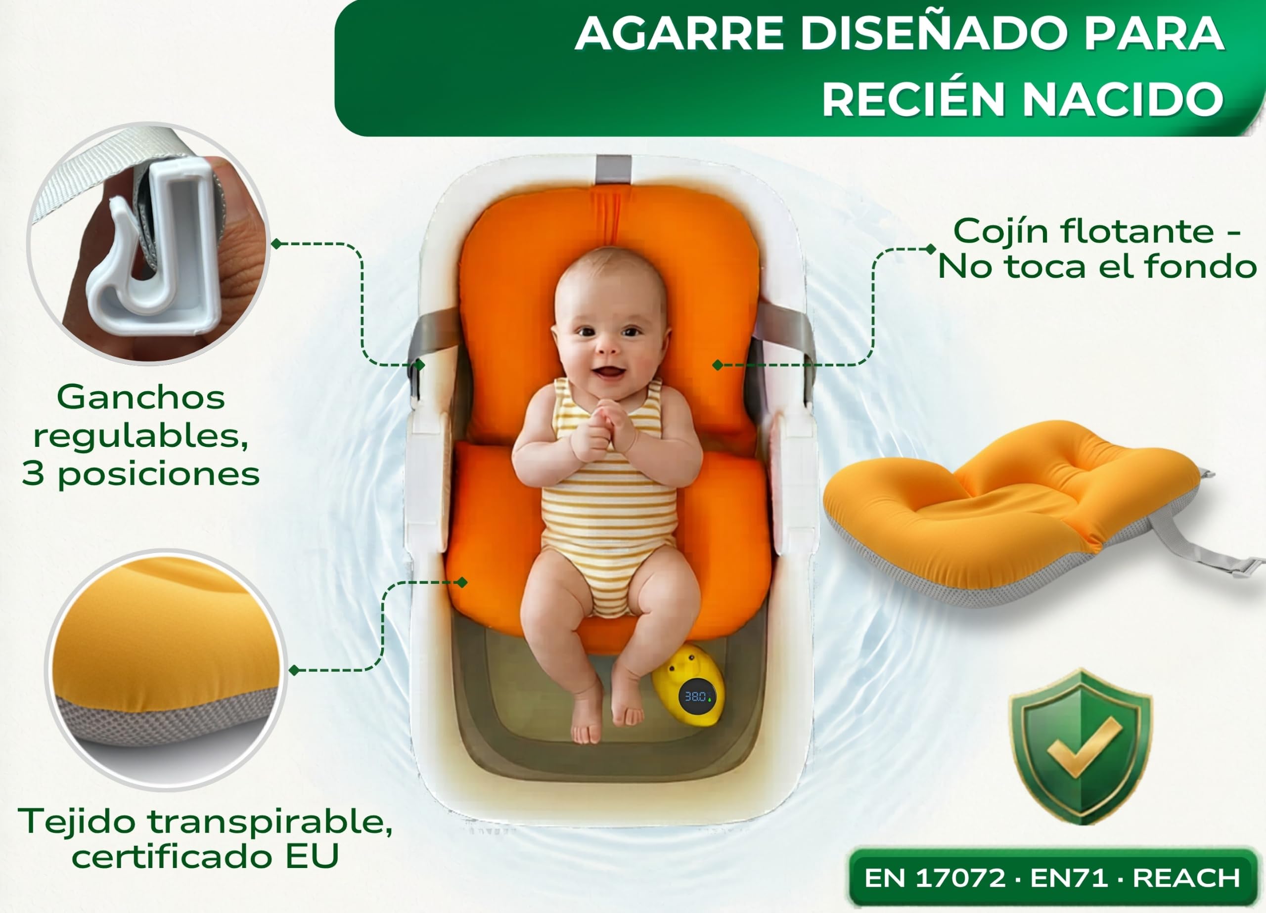 Bañera Plegable Bebé 0–36 Meses con Cojín Antideslizante, Termómetro sin Cables y Juguete | Grande, Segura y Compacta