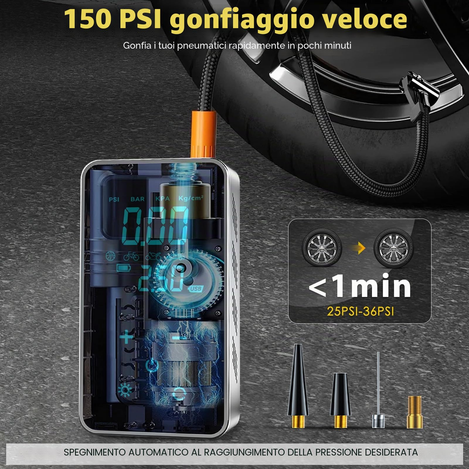 Compressore Aria Portatile, 150PSI Gonfiatore Elettrico Portatile con Manometro, Elettrico Pompa Elettrica, Mini Compressore Pneumatici Ricaricabili con Luce LED per Moto Bici Palla