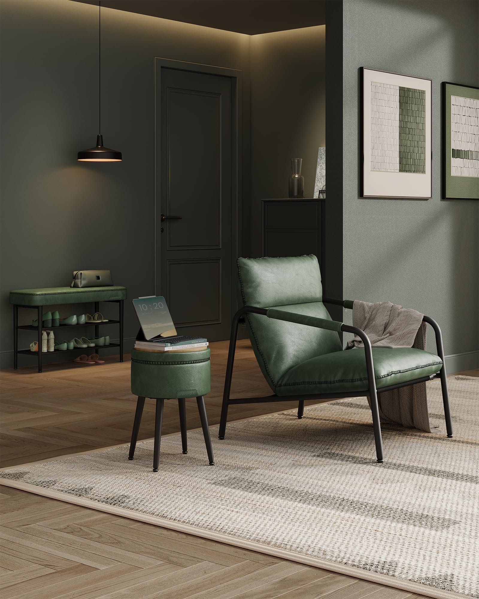 VASAGLE Banco Zapatero, Piel Sintética, Carga 135 kg, 30 x 80 x 50 cm | Banco de Almacenaje, Zapatero de Entrada, Con Costuras, Moderno de Siglo Mediados, Verde Bosque, EKHO Colección LSB054C01