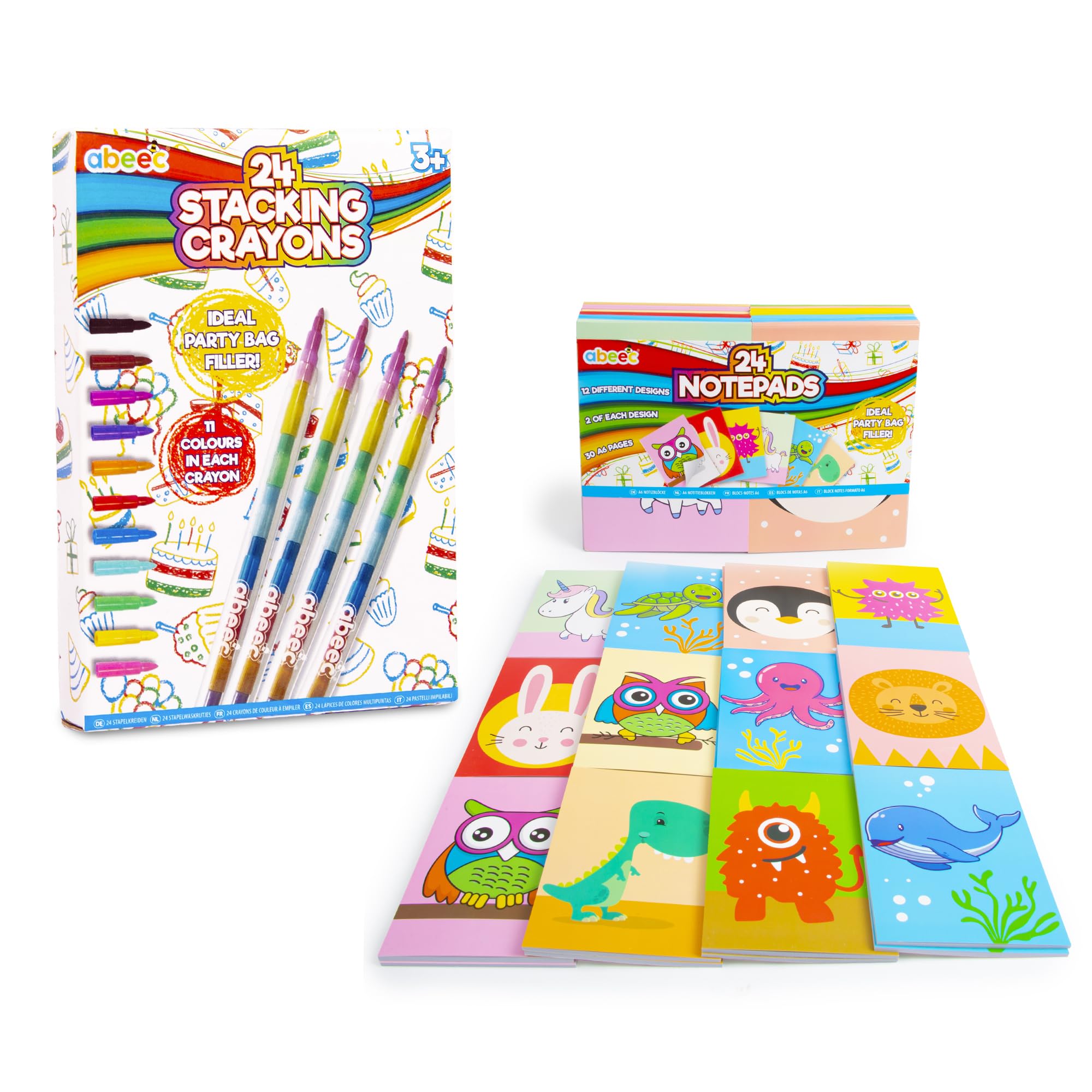 abeec 24 Pack Of A6 Notepads Plus 24 Stacking Crayons– A6 Note Books In 12 Designs For Kids Party Bags, Party Bag Fillers For Kids Birthdays 3 in 1 Travel Games - Boa — image 1