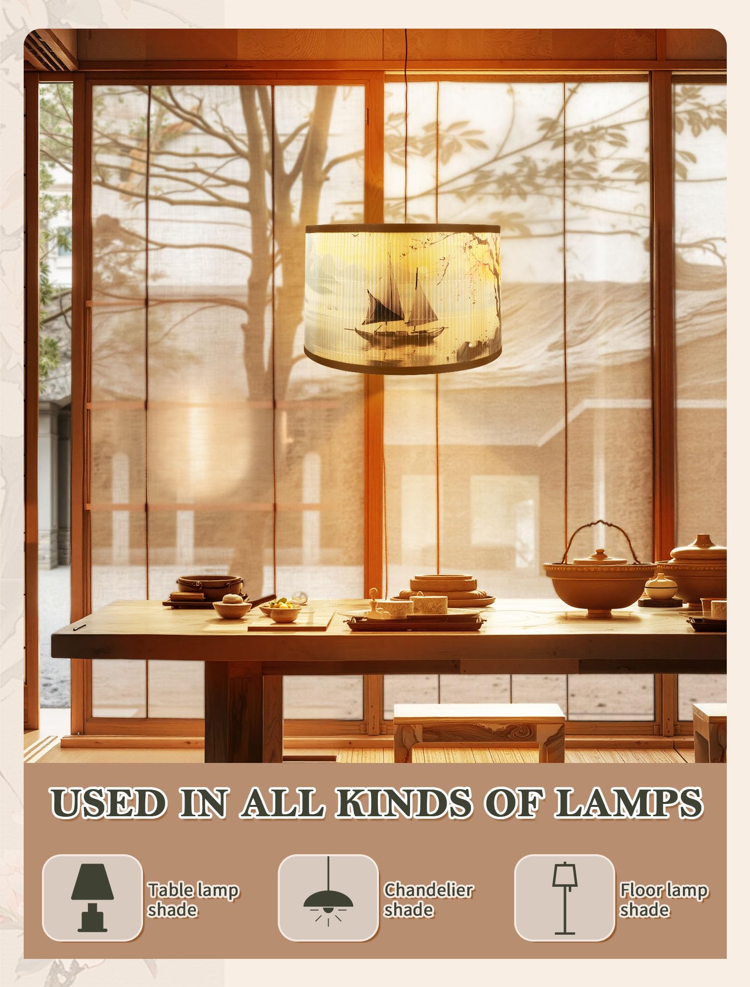 Bambus-Lampenschirm Trommelform mit Blumendruck - Leichter Klickverschluss für Tischlampe, Schlafzimmer & Wohnzimmer - Mittelgroß (Durchmesser 30cm) (Typ C)